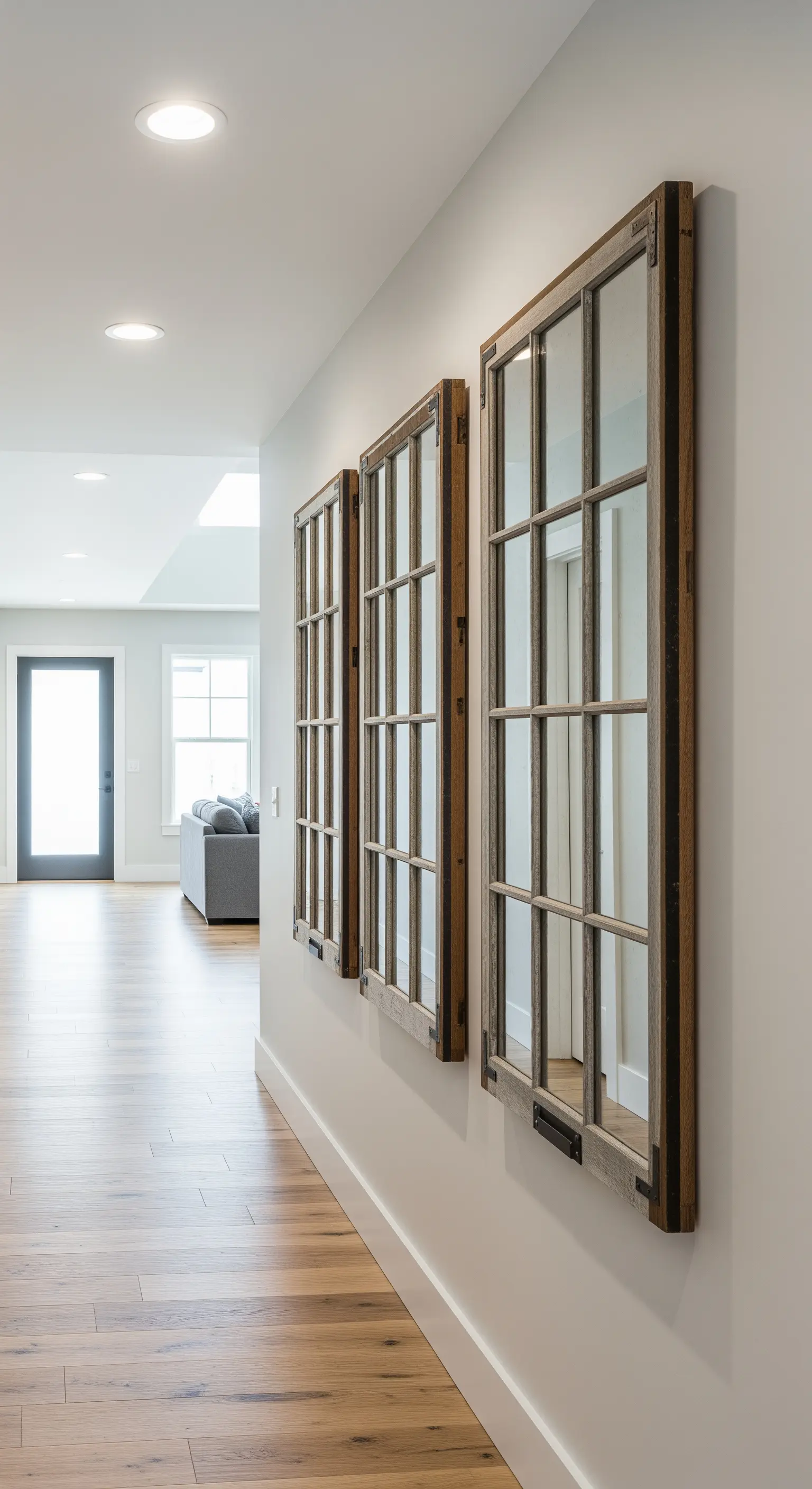 Tre specchi-finestra identici appesi in fila su una parete di un lungo corridoio.