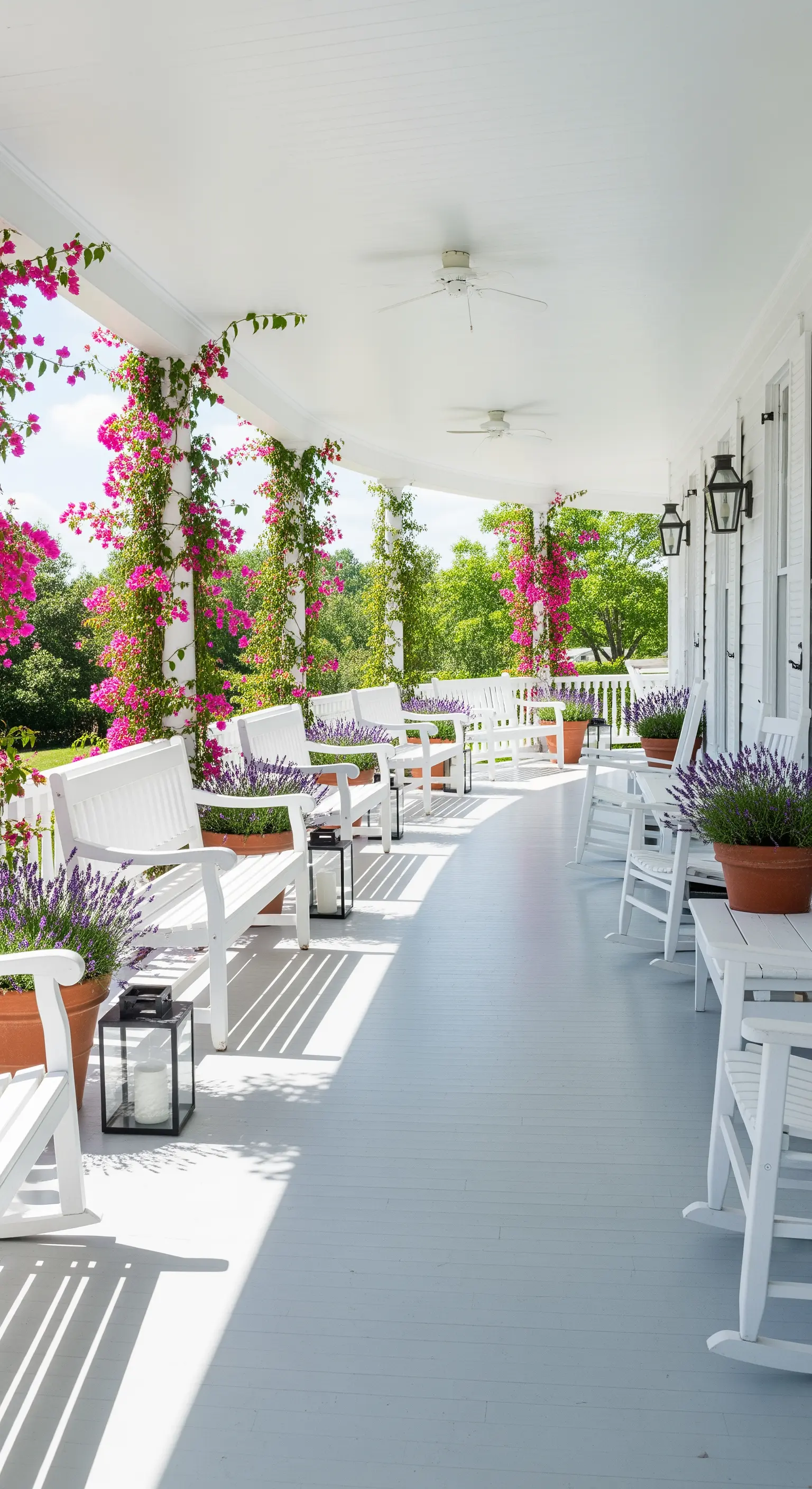 Lungo portico bianco con panche e sedie a dondolo bianche, bouganville e lavanda in vaso.