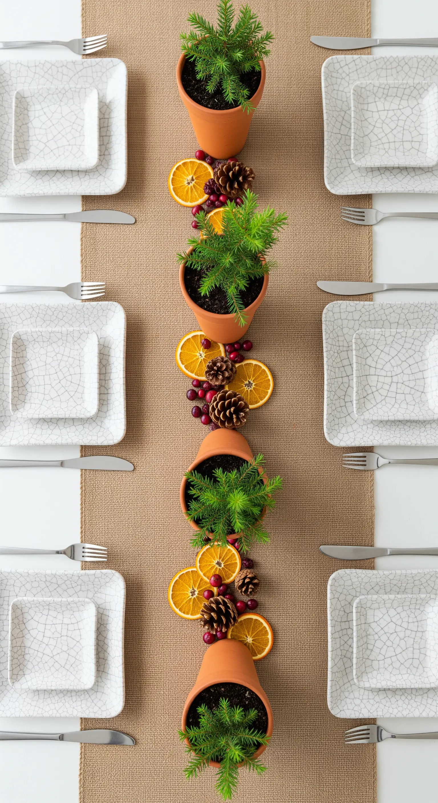 Runner da tavola decorato con vasetti in terracotta contenenti pino e agrumi essiccati