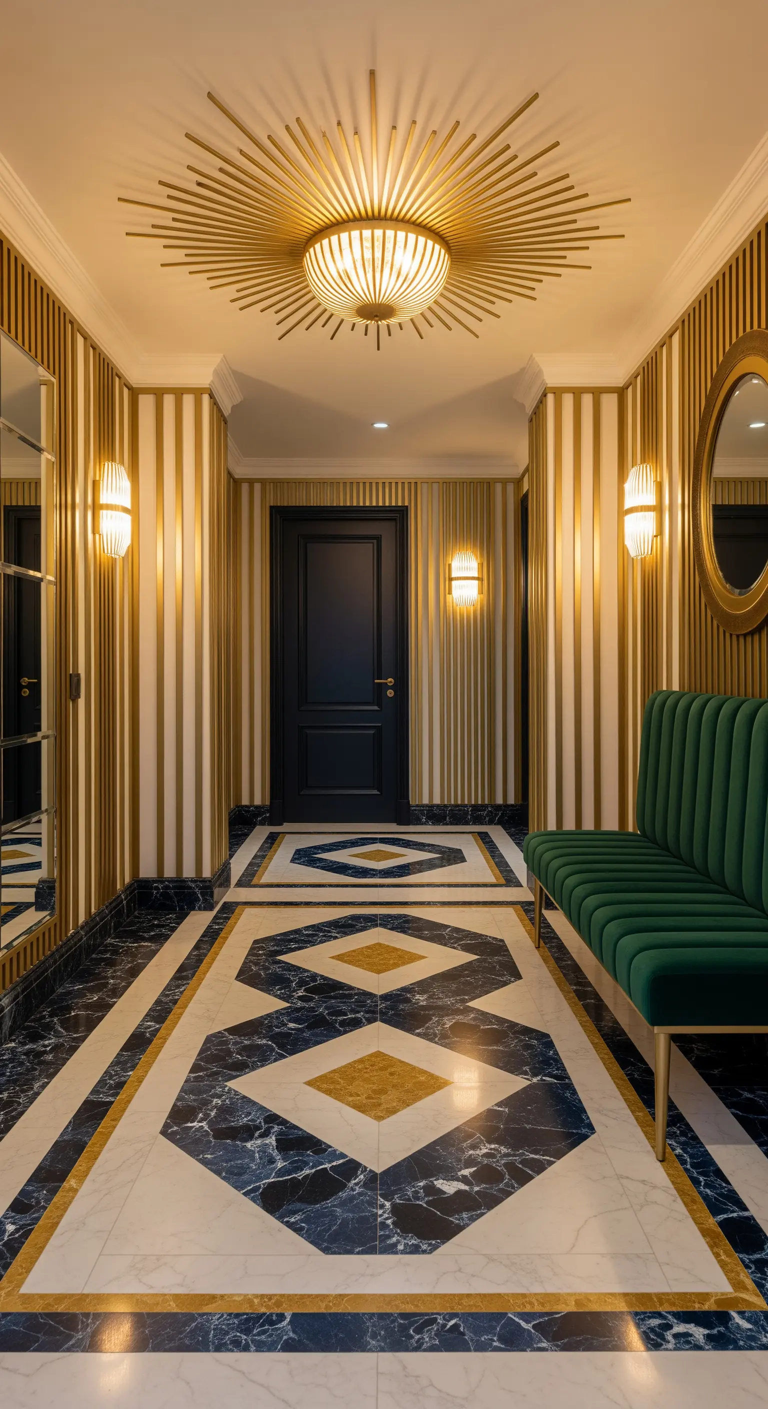 Corridoio Art Deco con pavimento in marmo geometrico e panca in velluto verde.