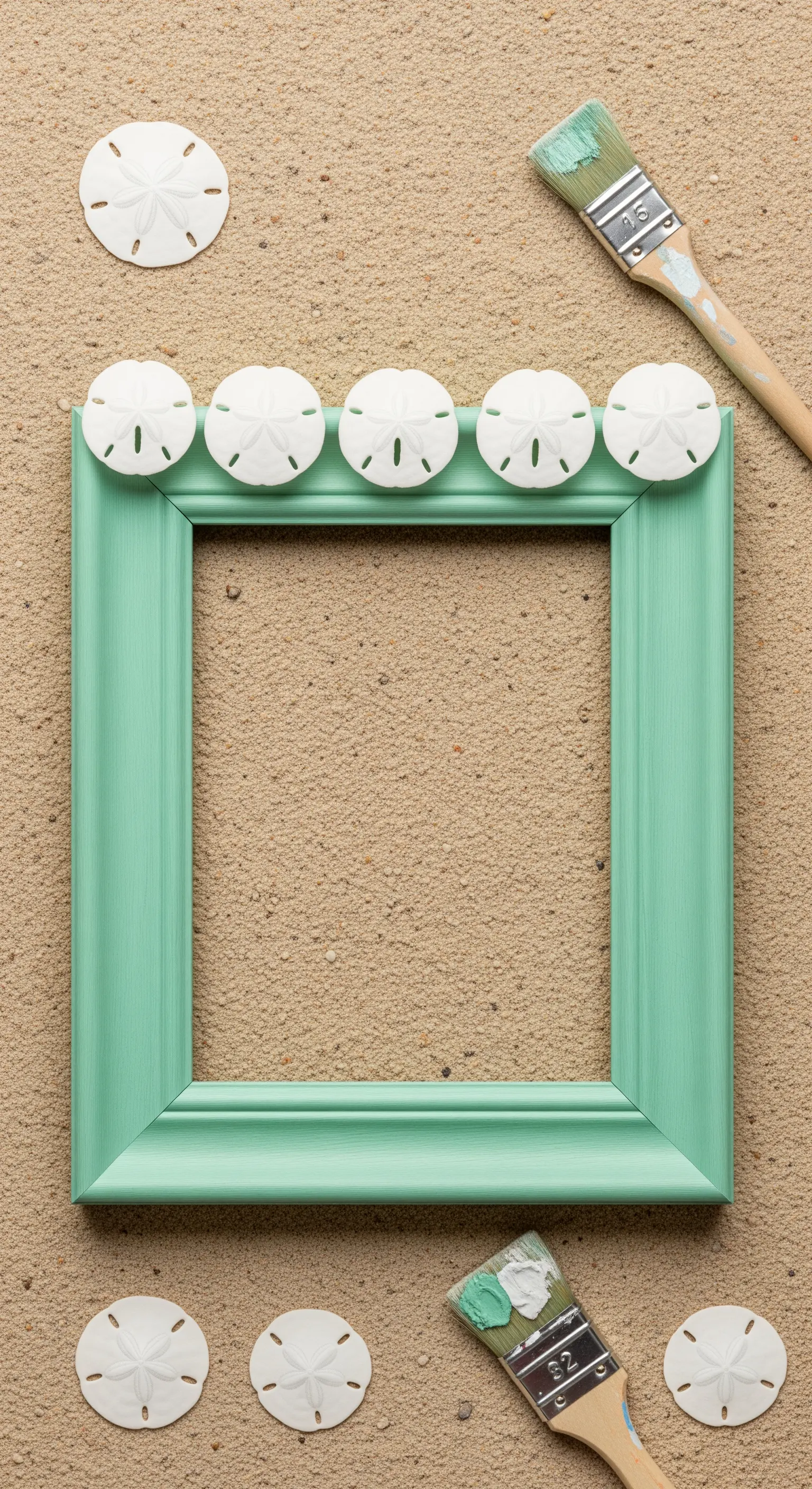 Cornice verde menta con una fila di conchiglie sand dollar bianche sul lato superiore.