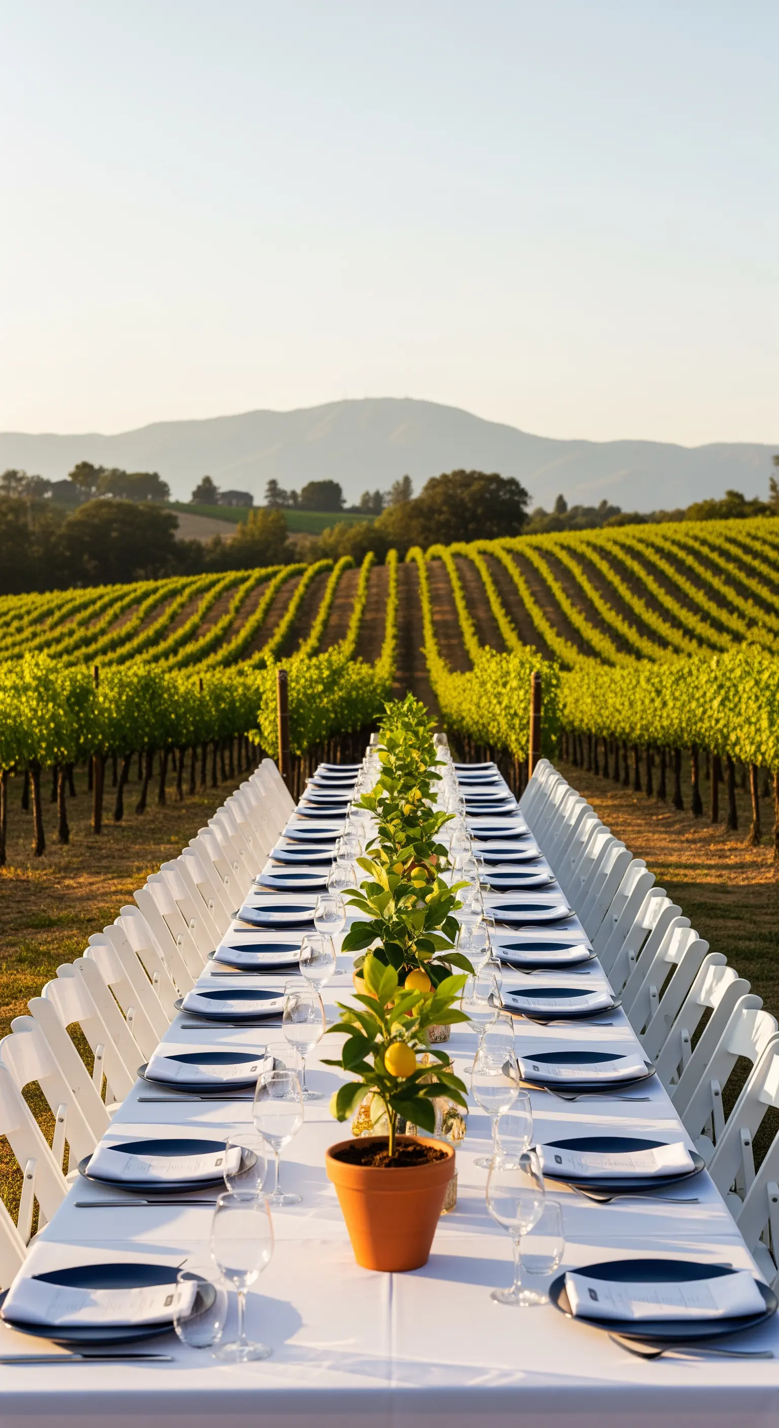 Lunga tavola in un vigneto con piantine di limoni in vaso come centrotavola.