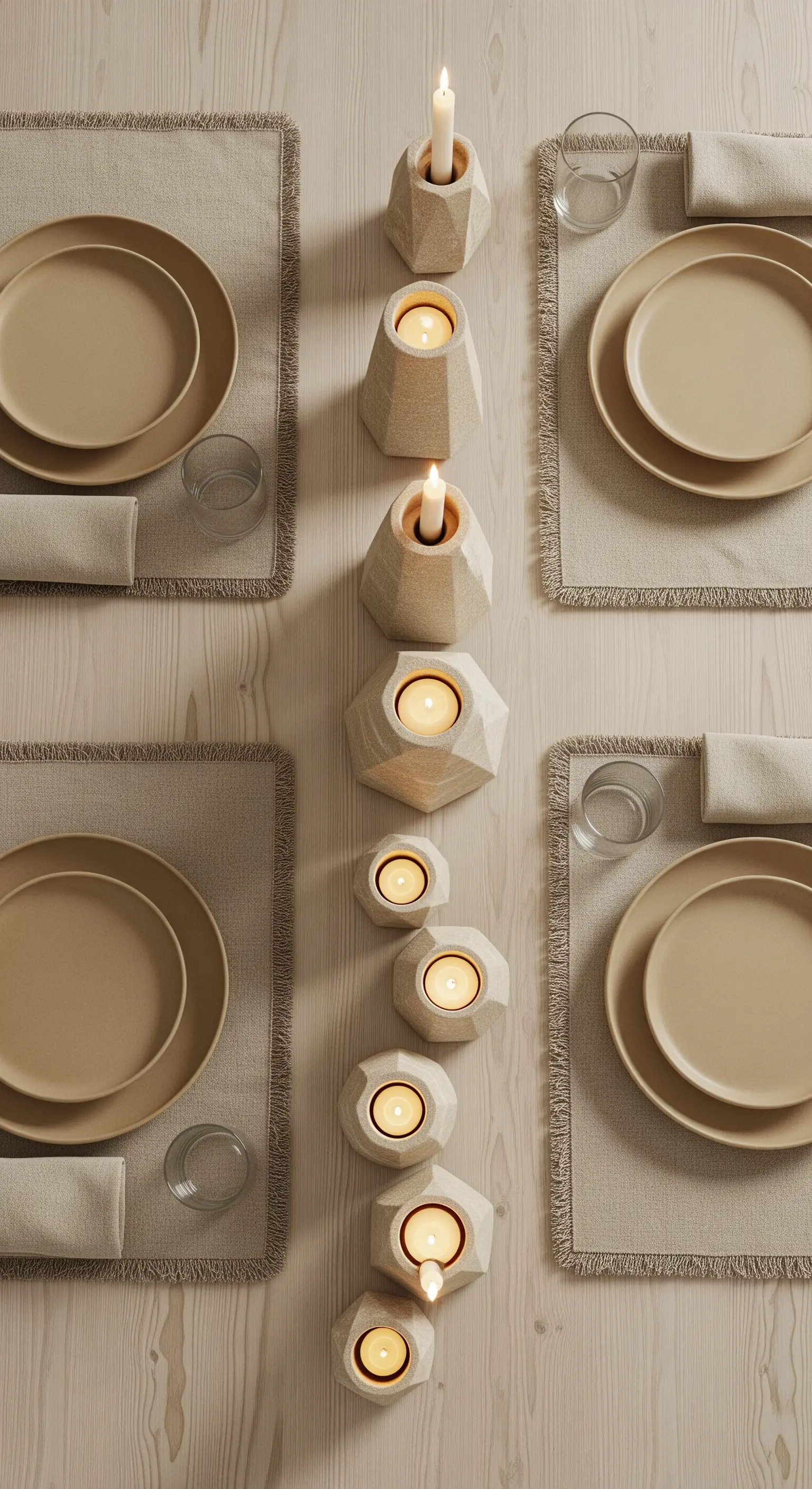 Runner di portacandele geometrici in terracotta su una tavola color sabbia.