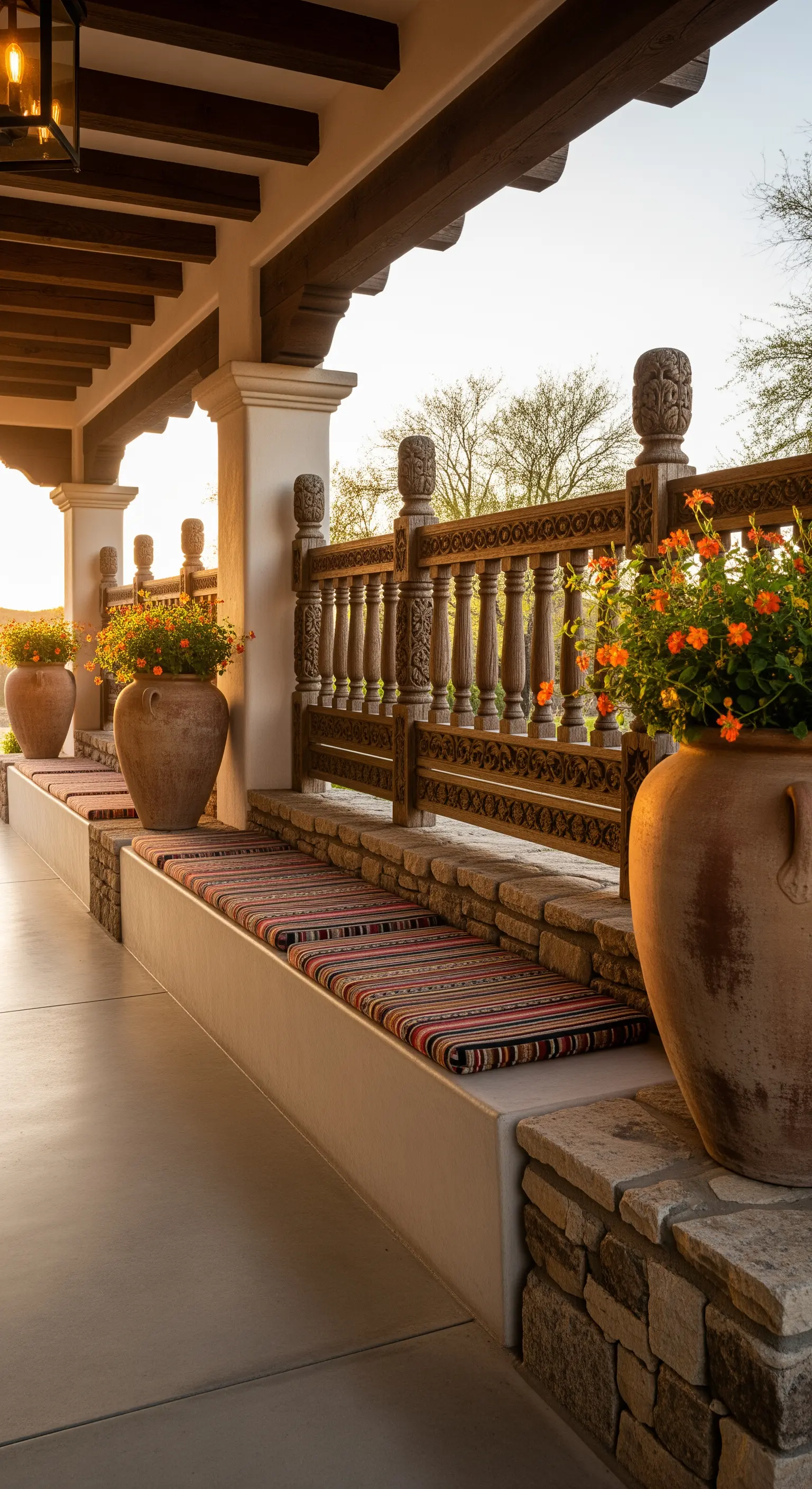 Portico in stile Santa Fe con panca in muratura, cuscini a righe e balaustra intagliata.