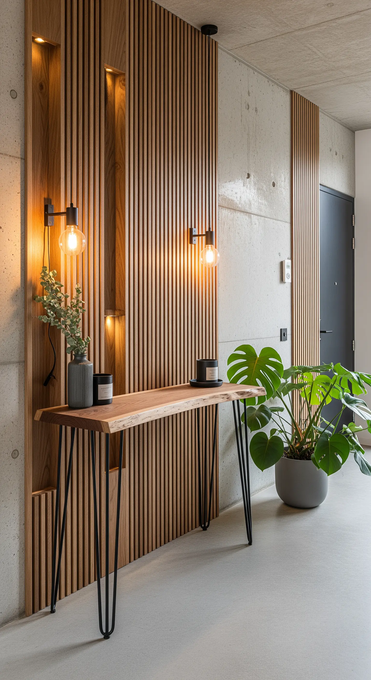 Parete d'ingresso che alterna cemento a vista e una boiserie con listelli di legno verticali.