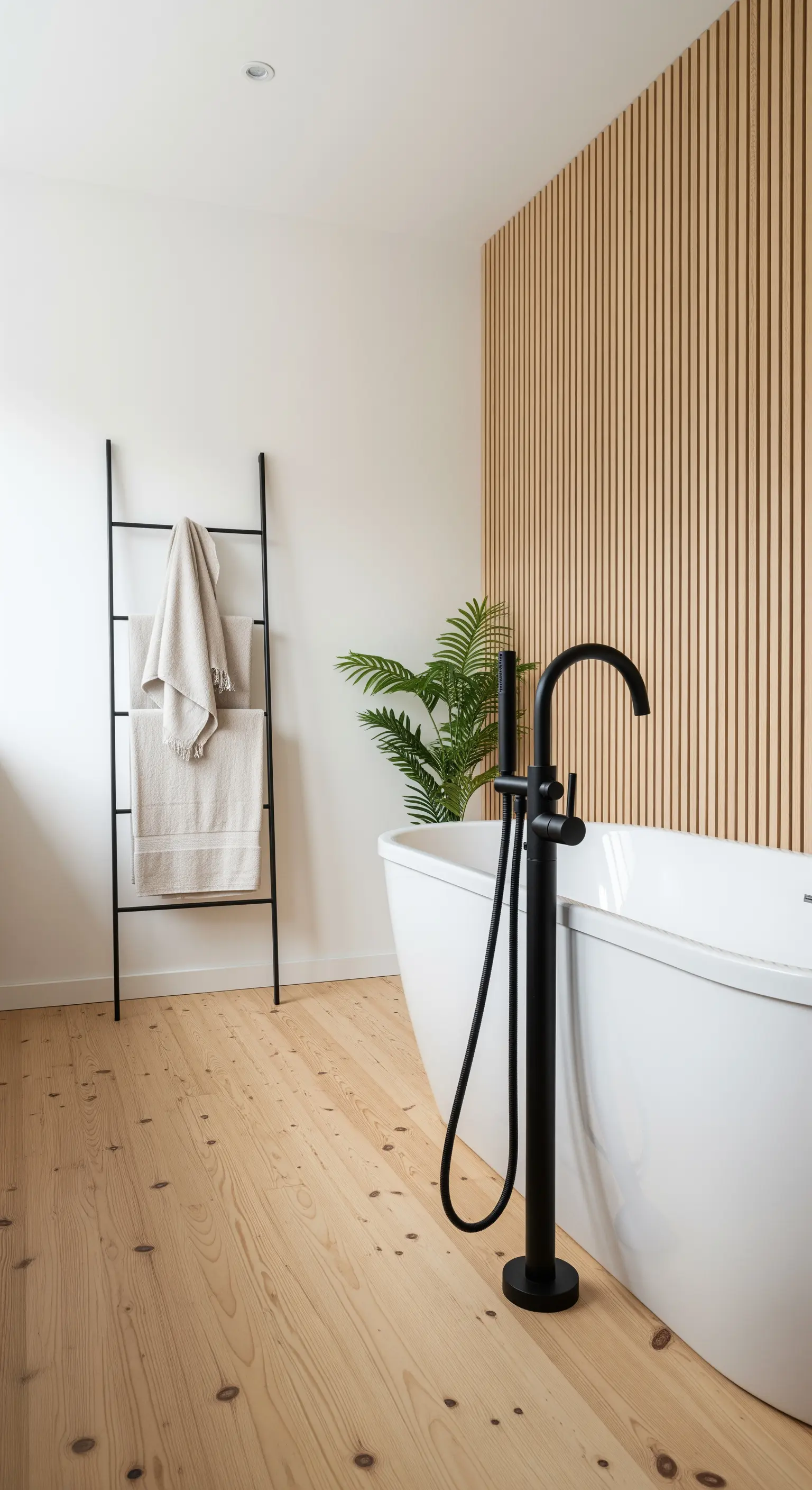 Parete con listelli in legno chiaro dietro una vasca bianca e rubinetteria nera.