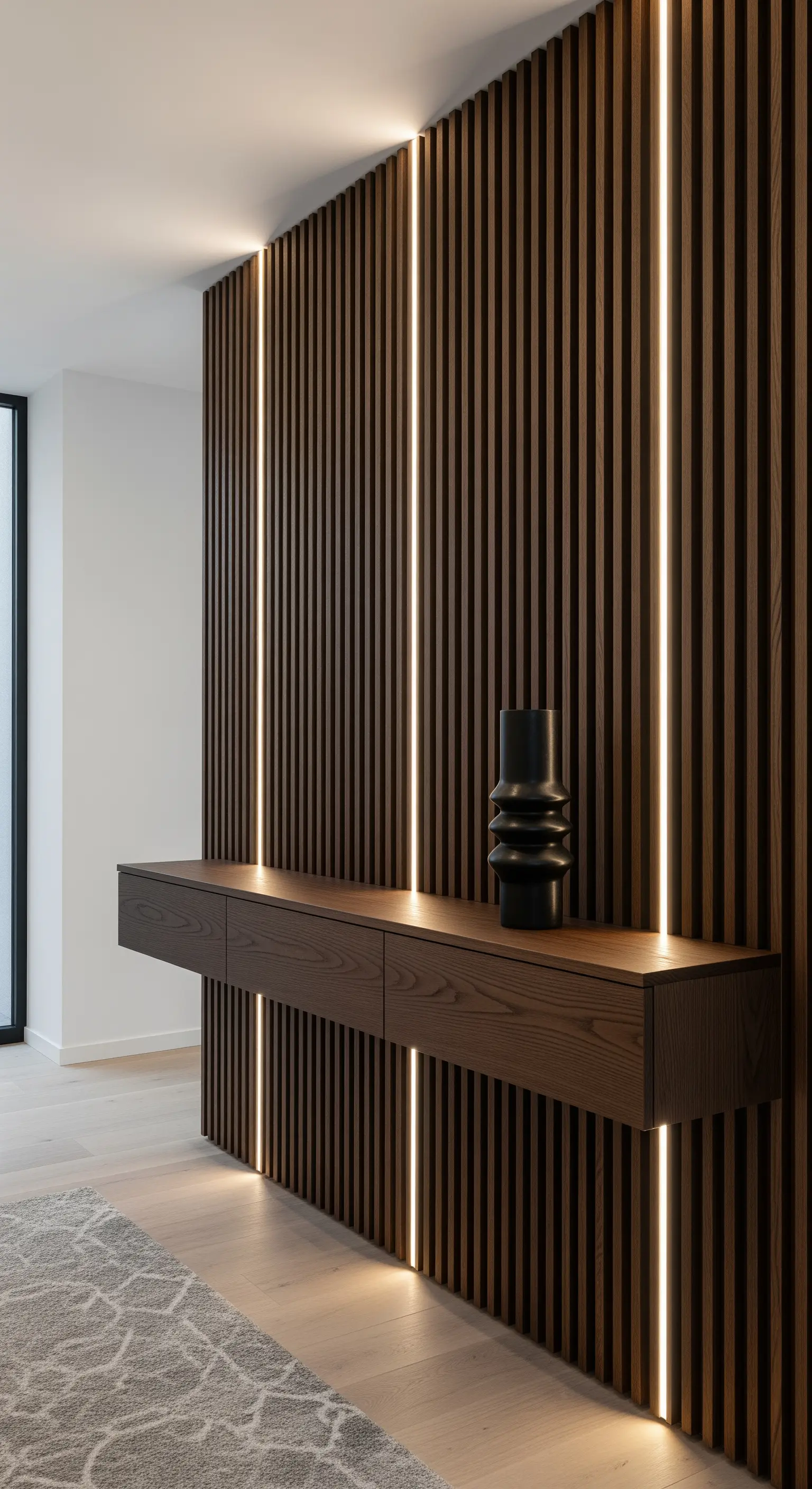 Parete a listelli di legno scuro con strisce LED verticali e consolle sospesa coordinata.