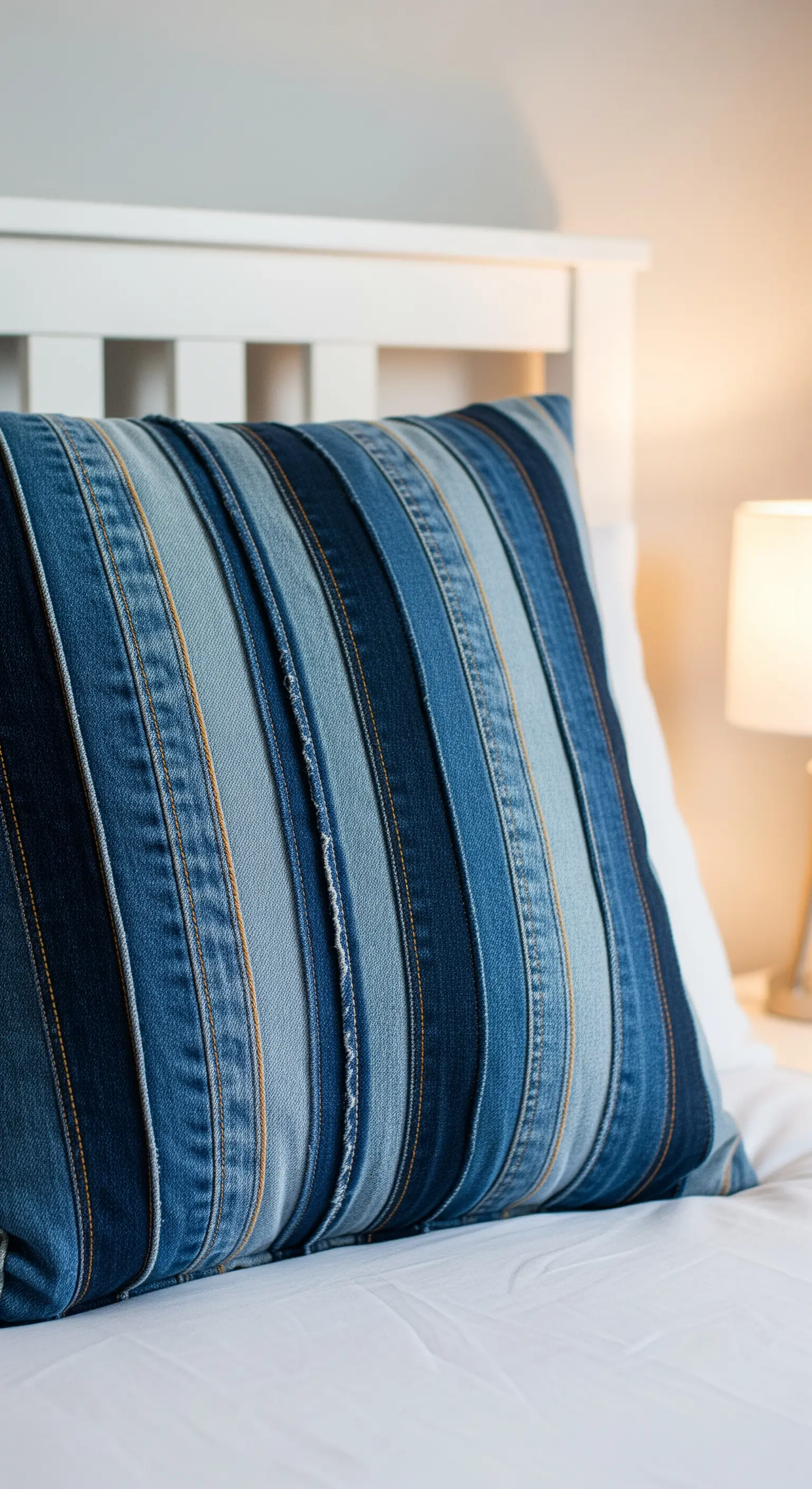 Cuscino realizzato cucendo insieme le cuciture verticali di diversi jeans, creando un effetto a righe.