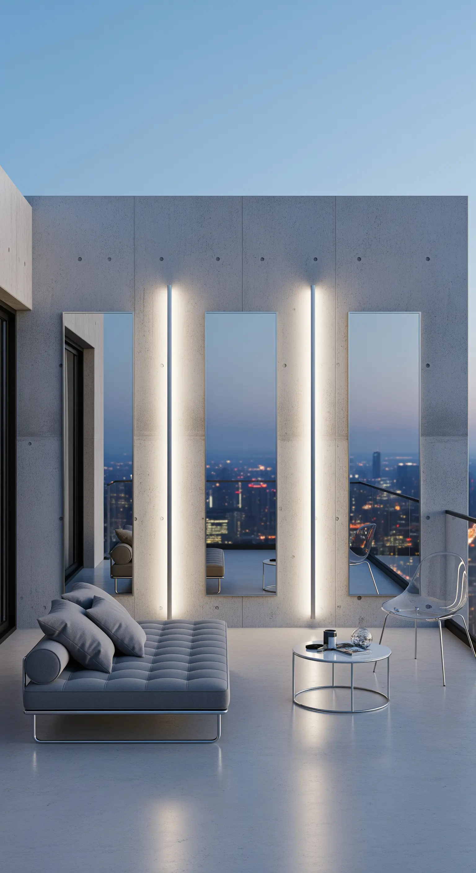 Parete in cemento con specchi verticali a tutta altezza alternati a barre luminose a LED.