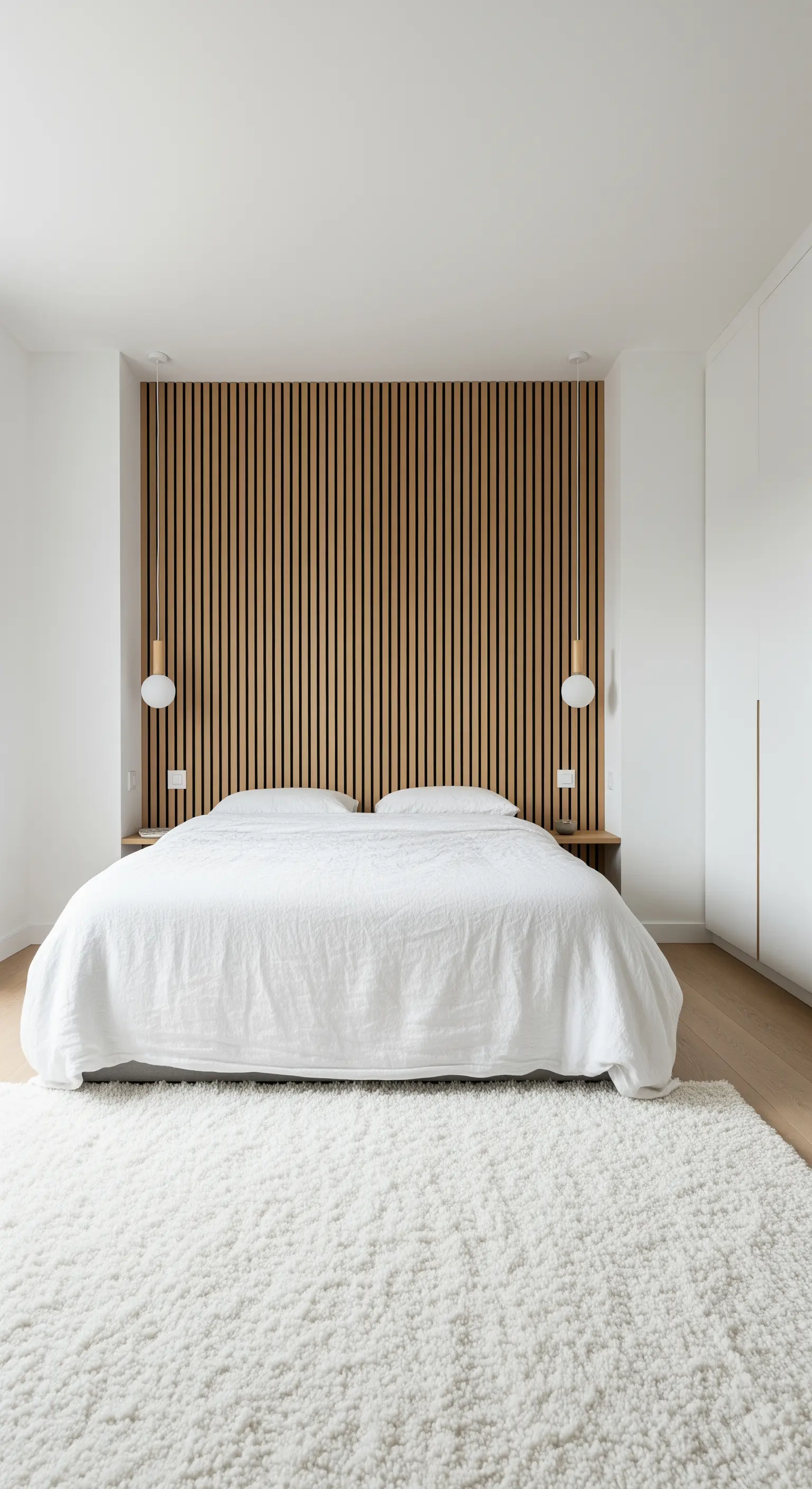 Parete con listelli in legno chiaro dietro un letto con lenzuola bianche.