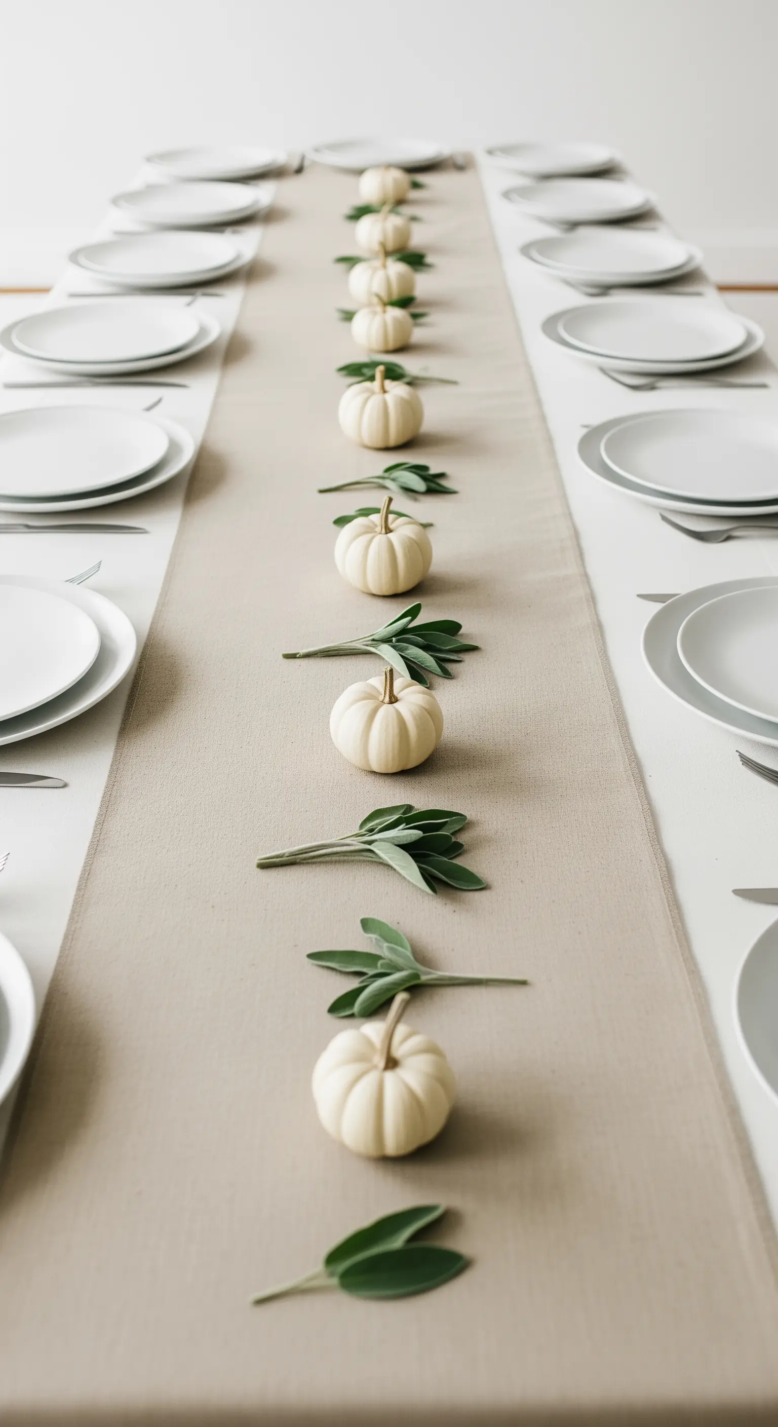 Runner di lino con una fila di zucche bianche e foglie di salvia.