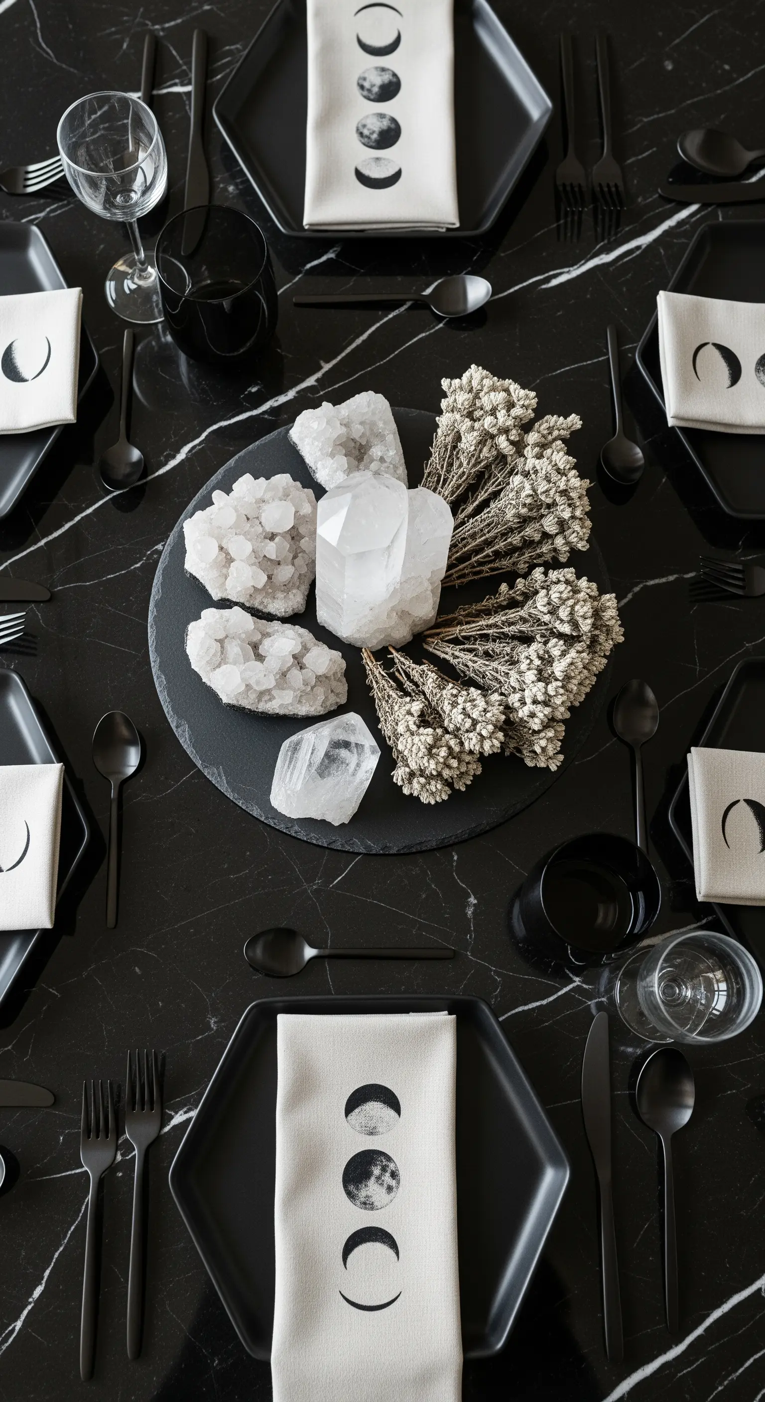 Tavola in marmo nero con piatti esagonali, tovaglioli a tema luna e un centrotavola di cristalli.
