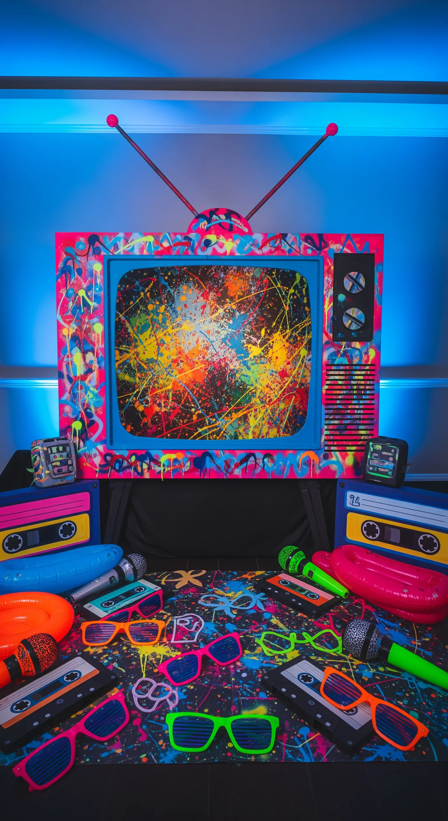 Photobooth a forma di televisione vintage con colori neon e stile anni '80.