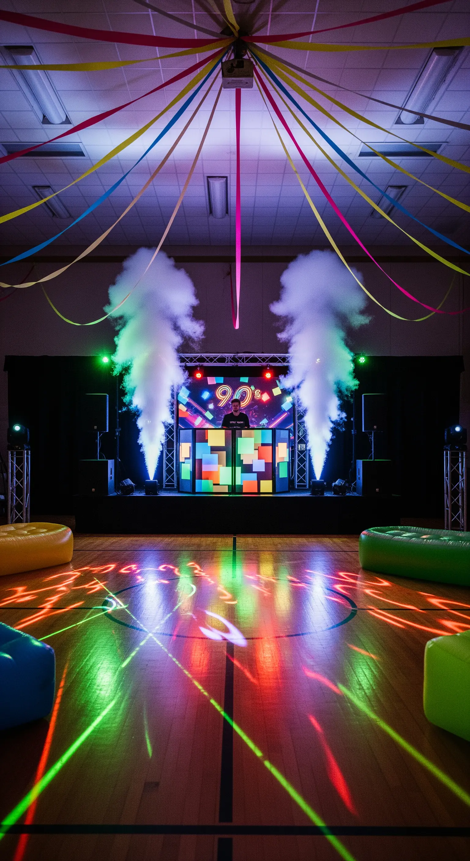 Festa a tema anni '90 in una palestra con DJ, nastri colorati e macchine del fumo.