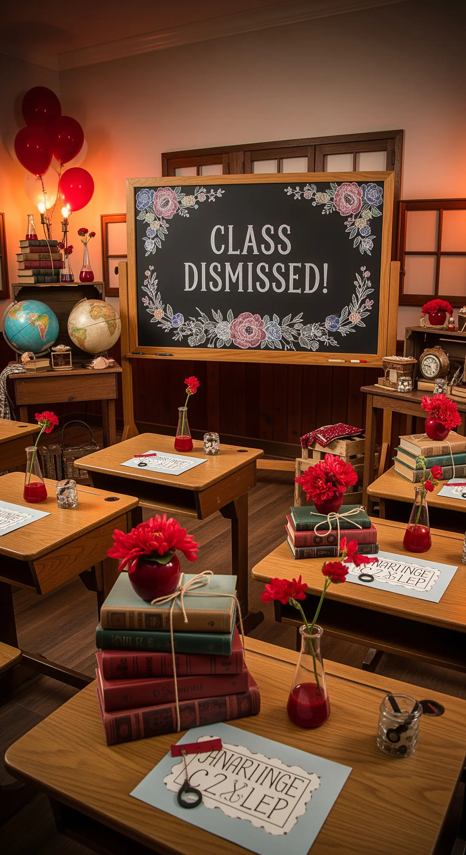 Allestimento a tema scolastico vintage con banchi di legno, libri e fiori rossi.