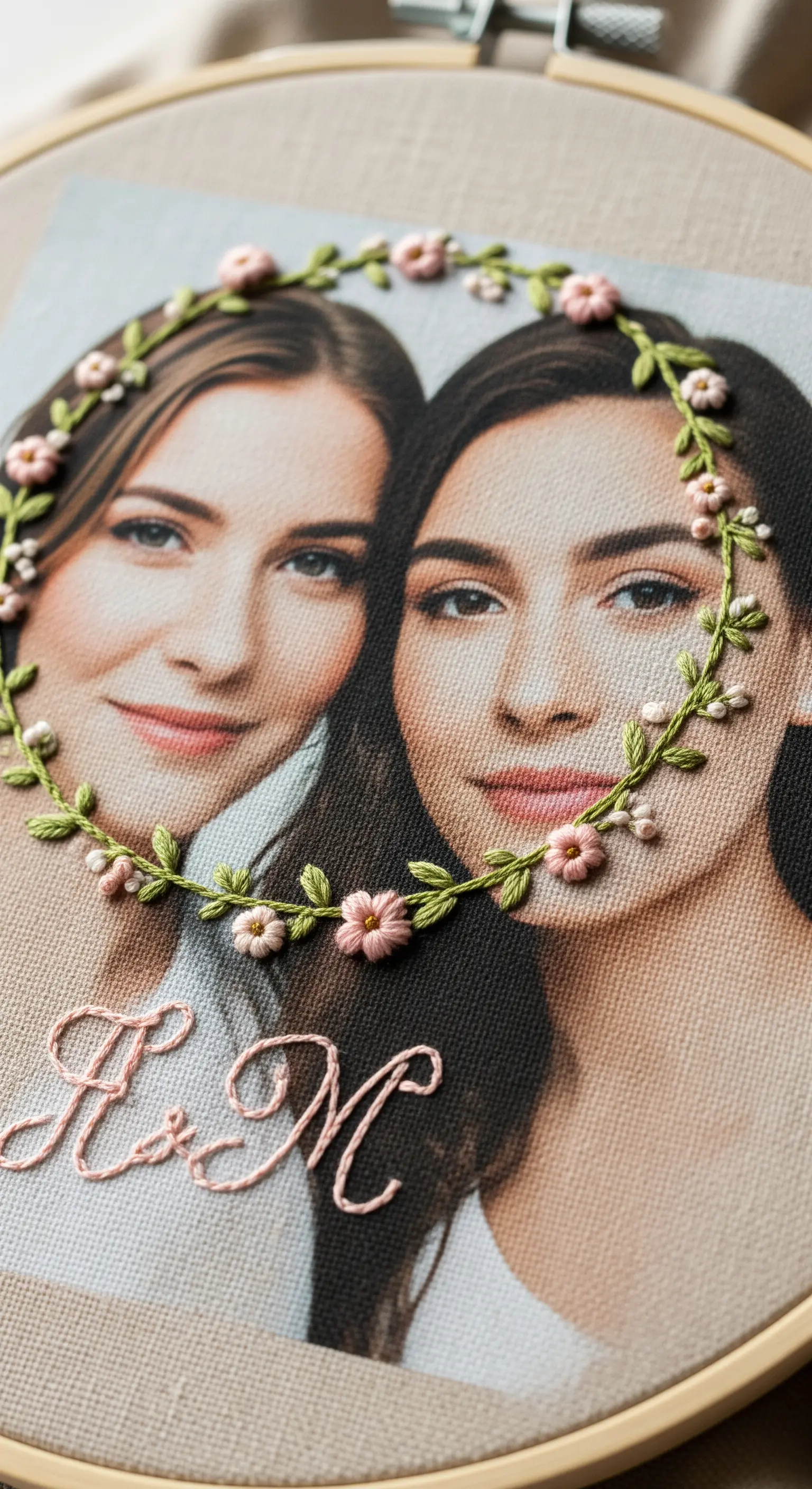Ritratto fotografico stampato su tela e decorato con ricami floreali e iniziali in un telaio.