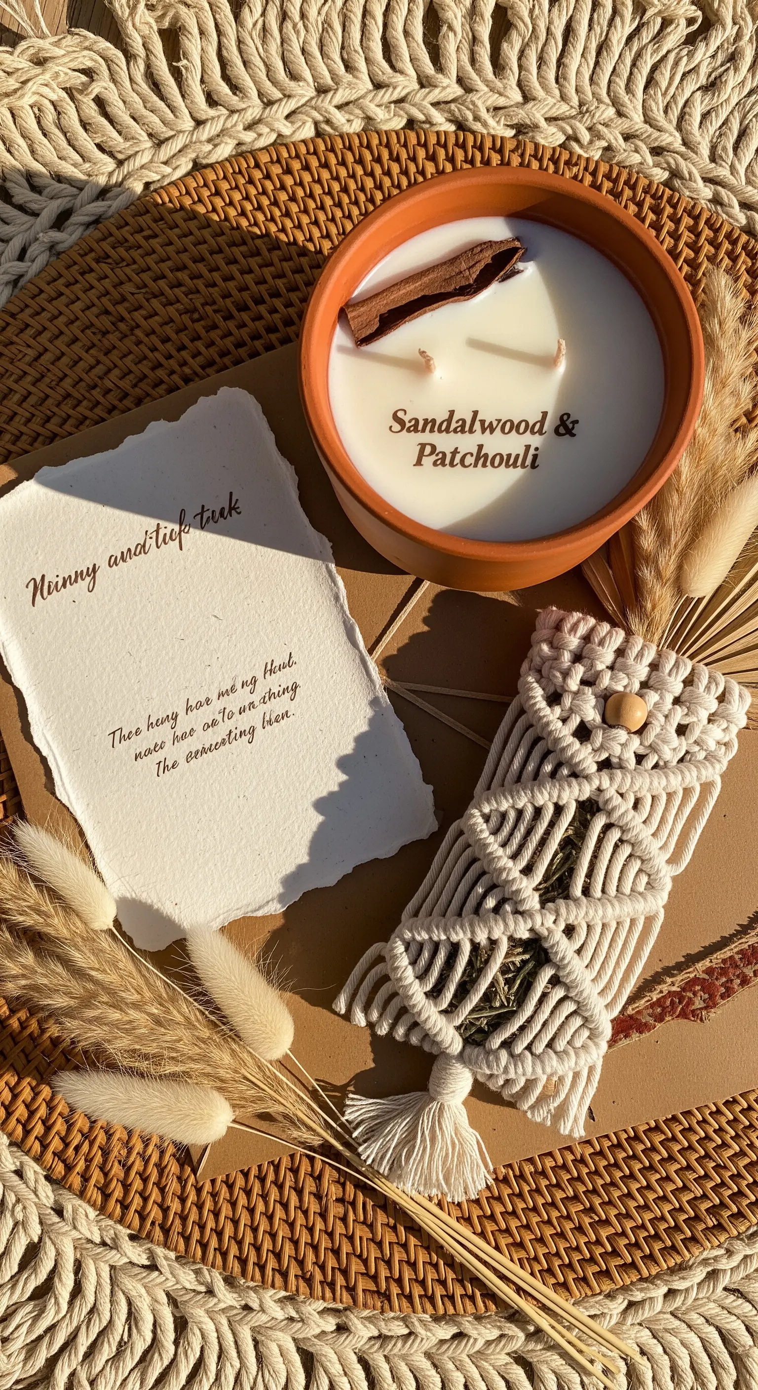 Candela al sandalo in un vasetto di terracotta, smudge in macramè e carta artigianale.