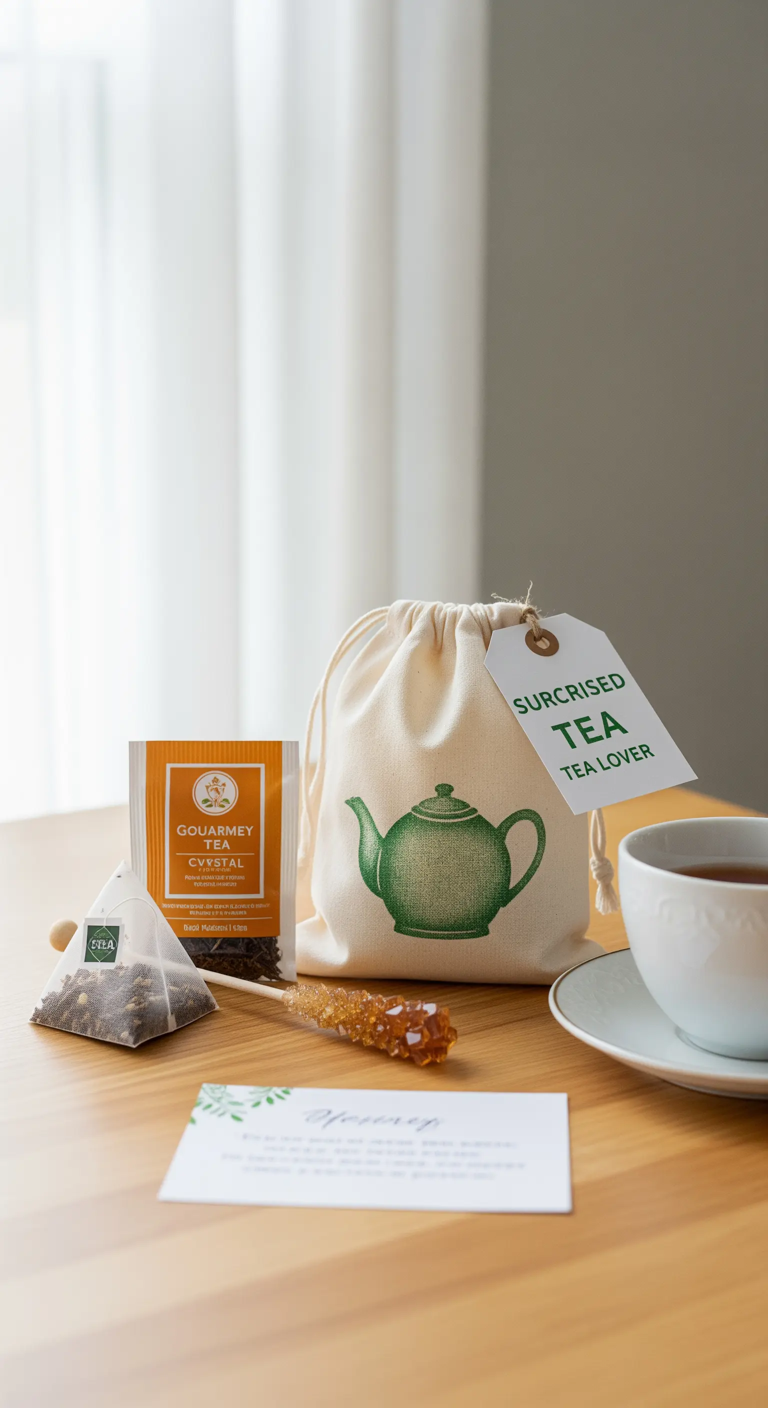 Sacchetto sorpresa per amanti del tè, con bustine e bastoncino di zucchero su un tavolo.