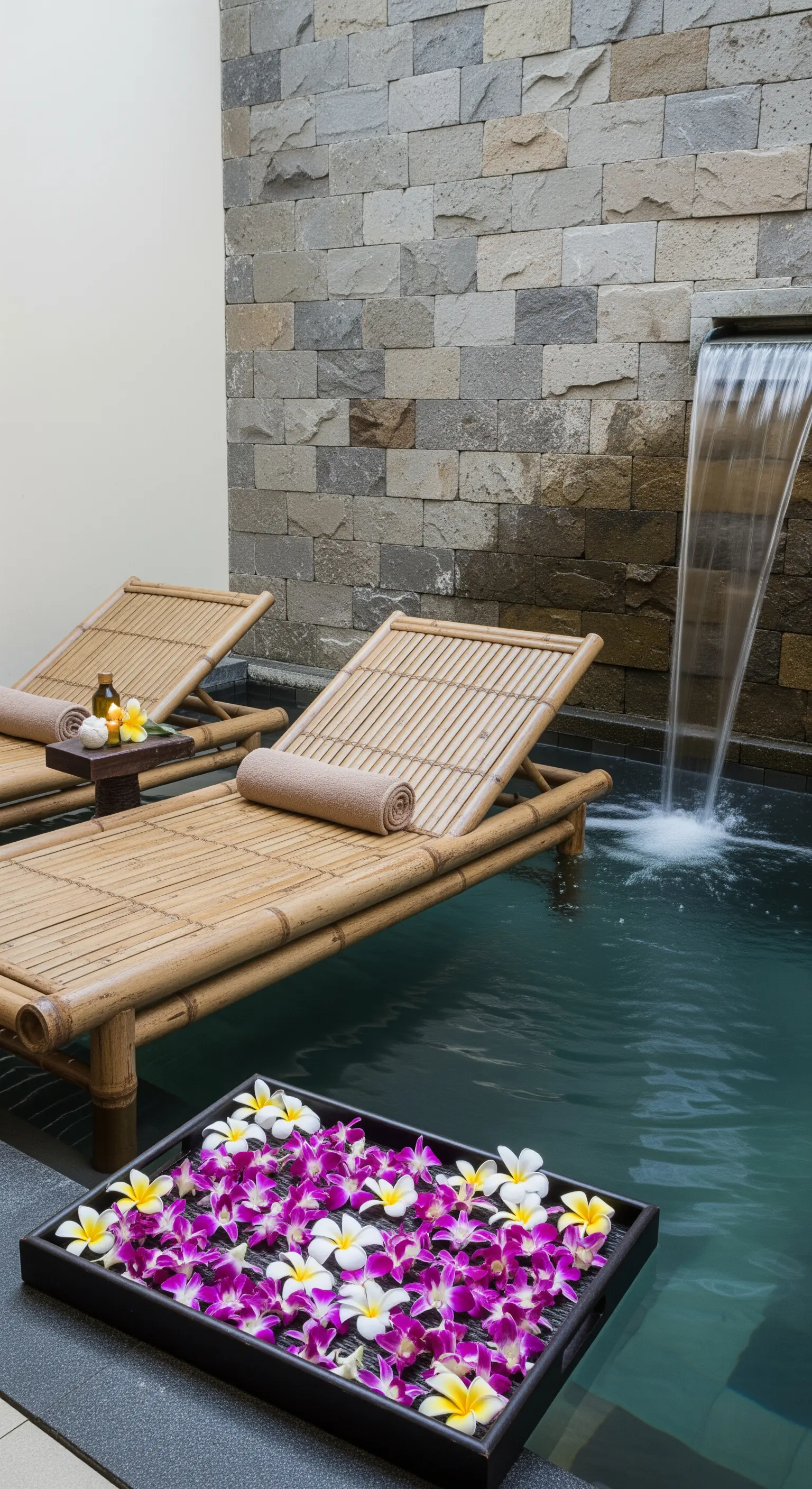 Lettini in bambù in una piccola piscina con un vassoio di fiori galleggianti.