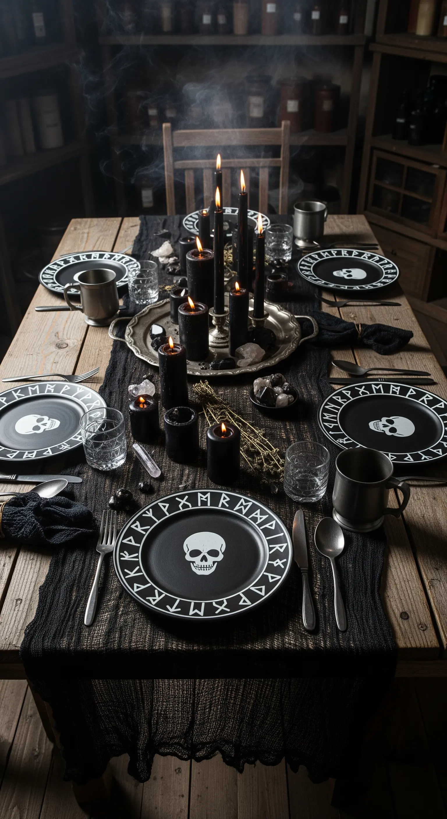 Tavola di Halloween rustica con piatti a tema rune e candele nere su legno grezzo.