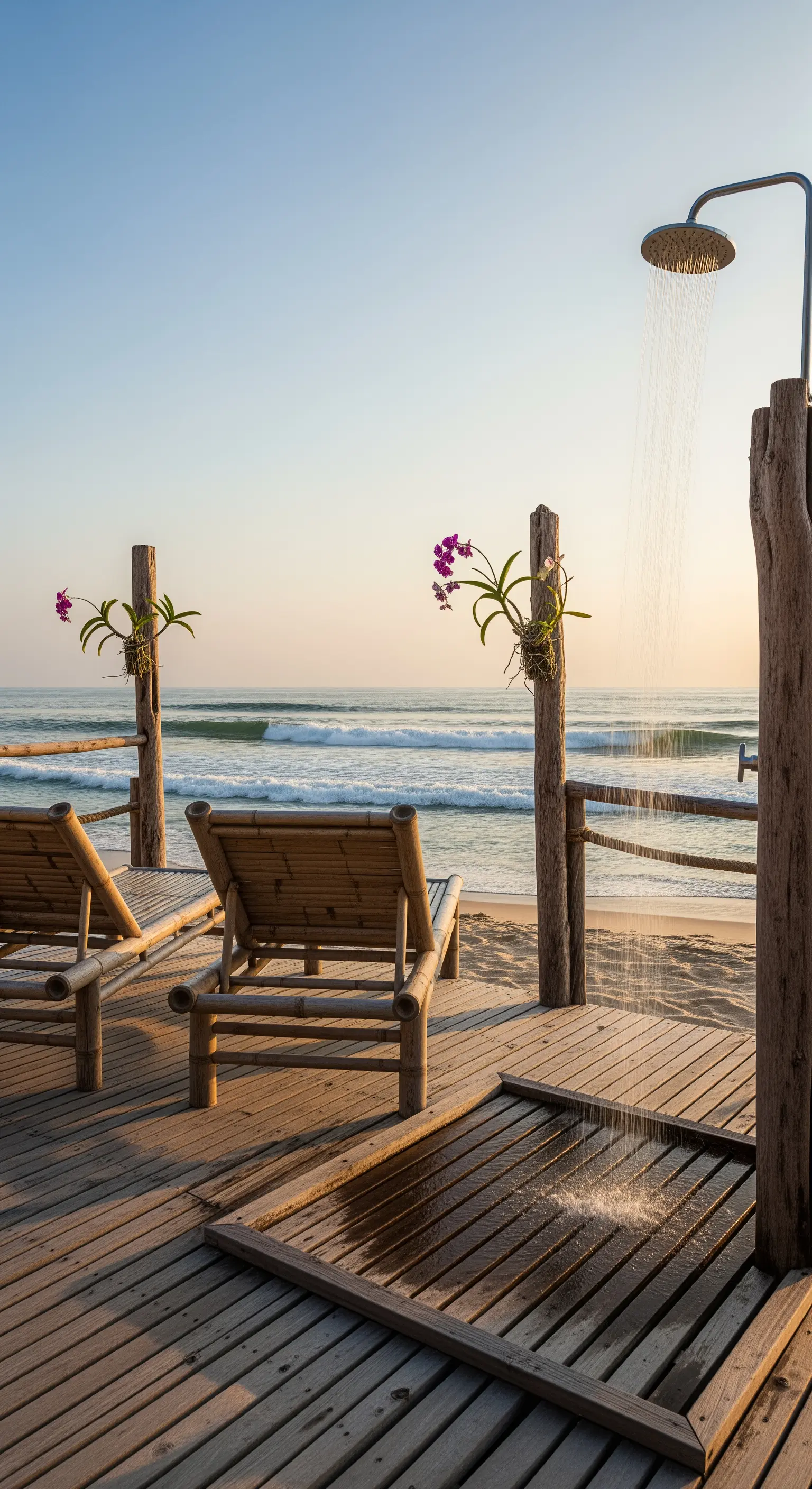 Doccia esterna e lettini in bambù su una pedana in legno in riva al mare al tramonto.