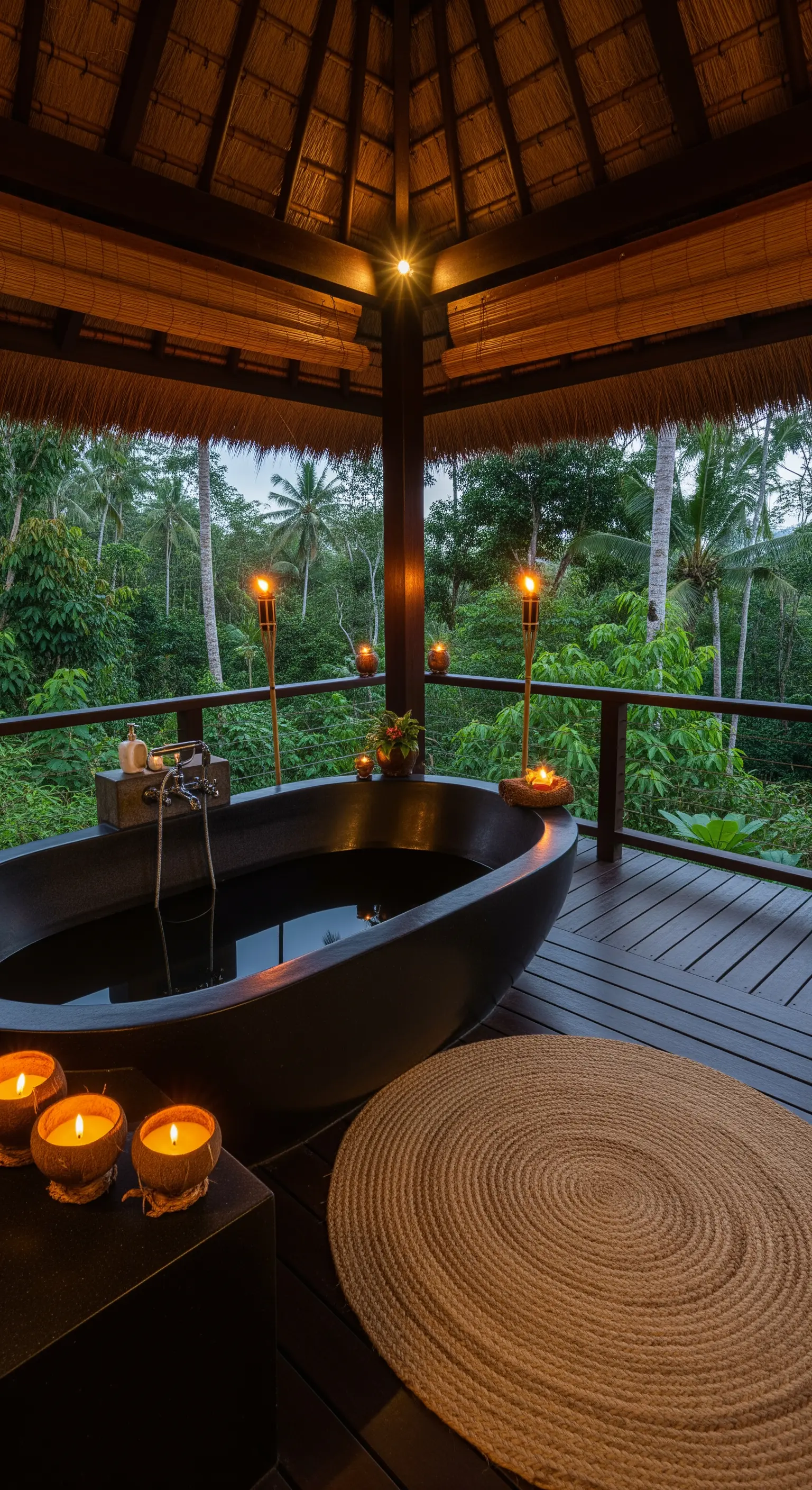 Bagno all'aperto in stile tropicale con vasca in pietra nera e vista sulla giungla.