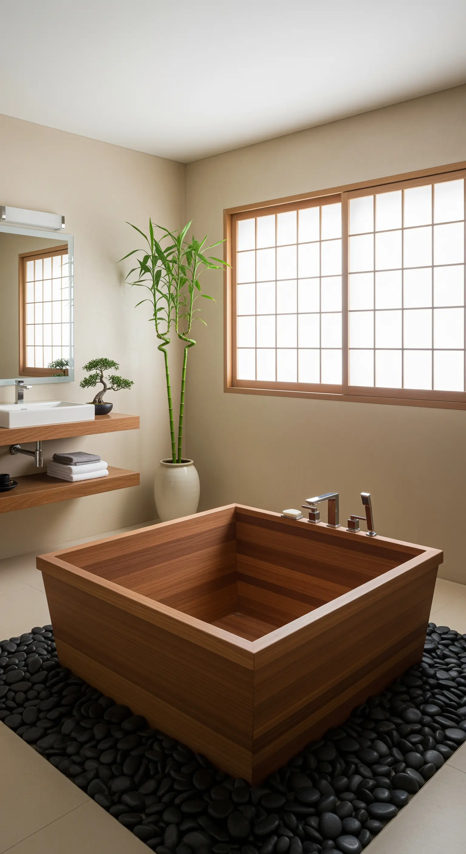 Bagno in stile giapponese con vasca ofuro in legno, bambù e sassi neri.