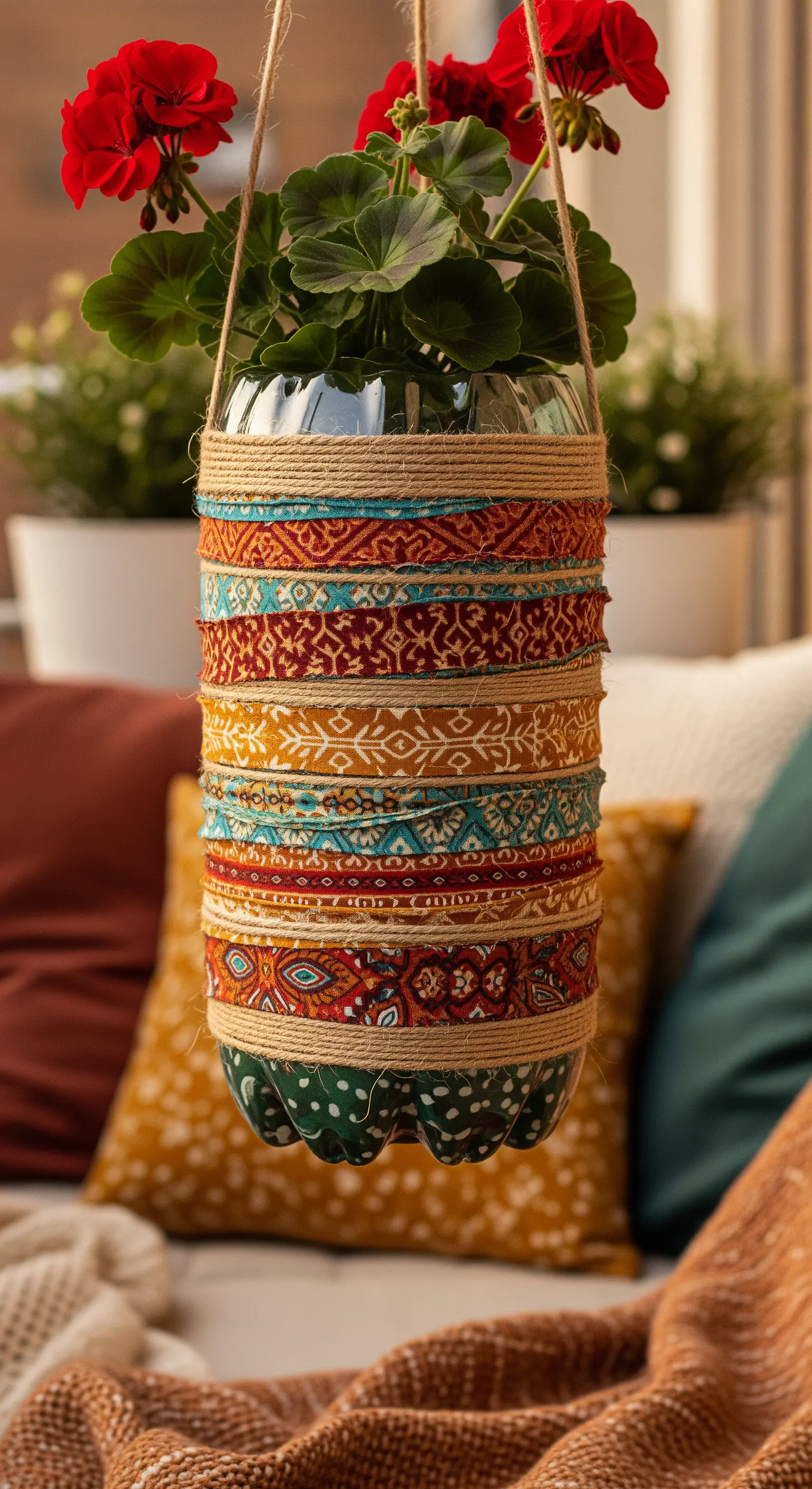 Fioriera sospesa ricoperta da strisce di tessuto colorato con motivi etnici e avvolta da corda.