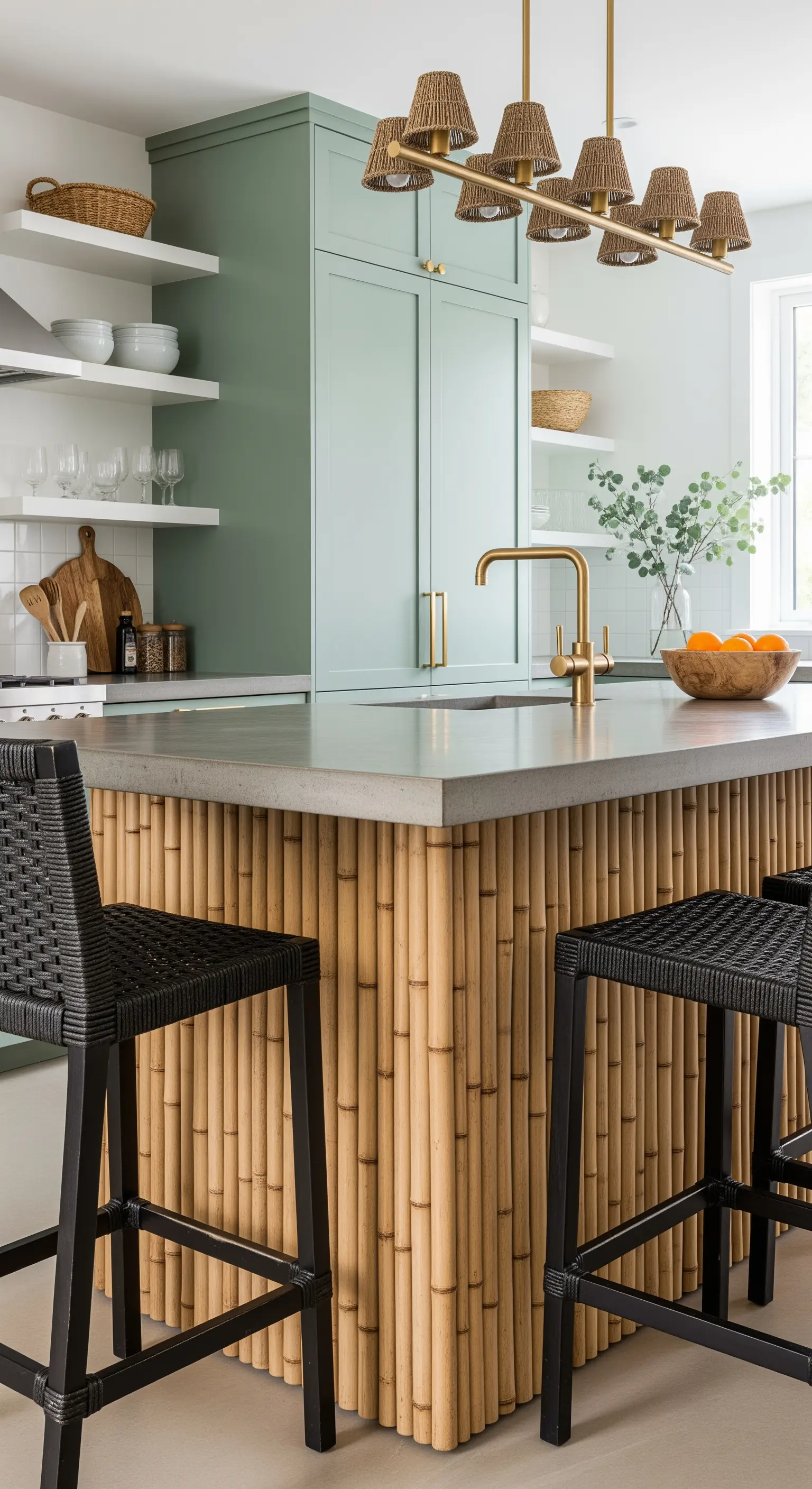Isola cucina rivestita con canne di bambù verticali e piano in cemento.