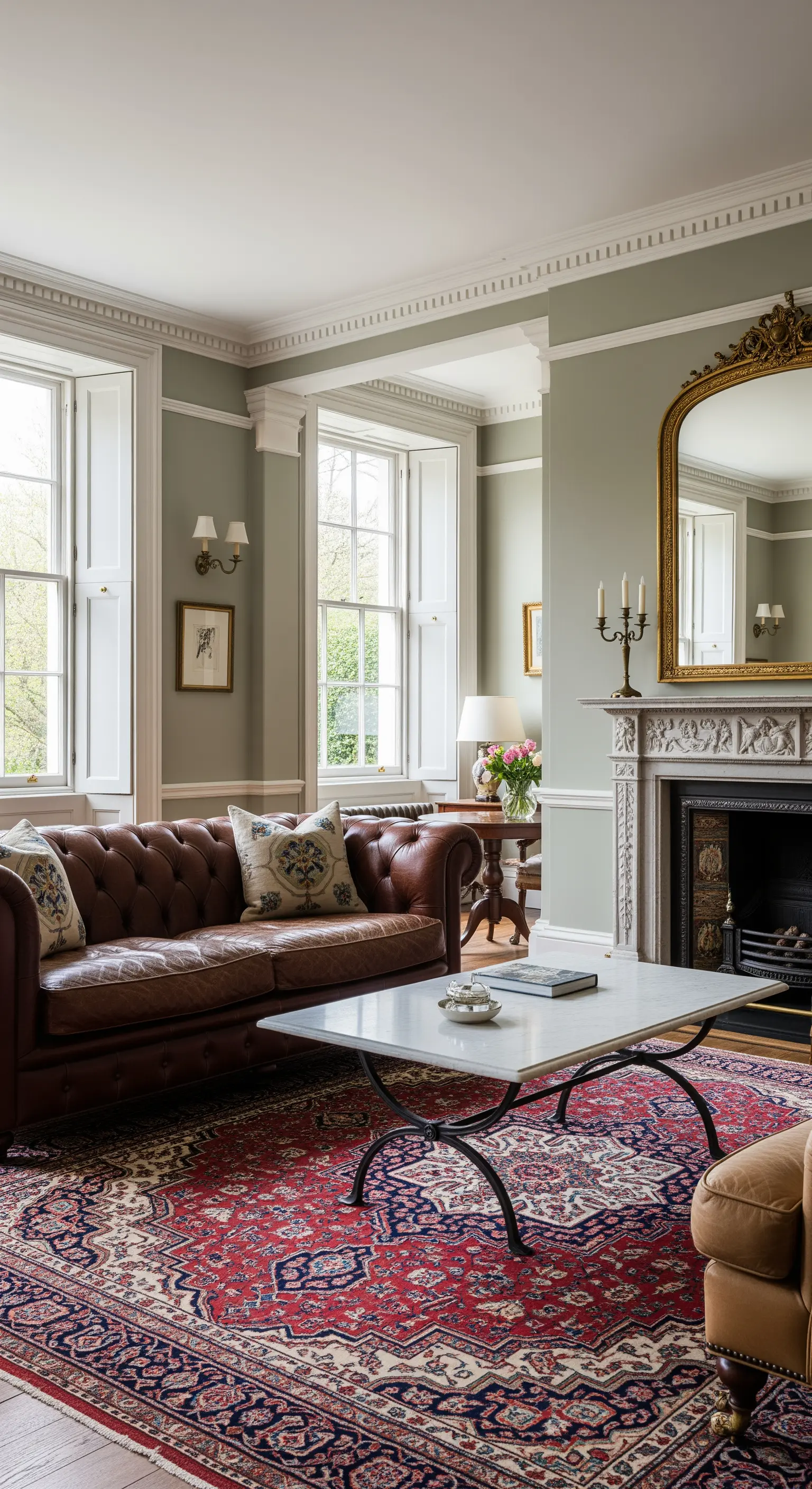 Salotto in stile inglese con pareti color salvia, divano Chesterfield e tappeto persiano.