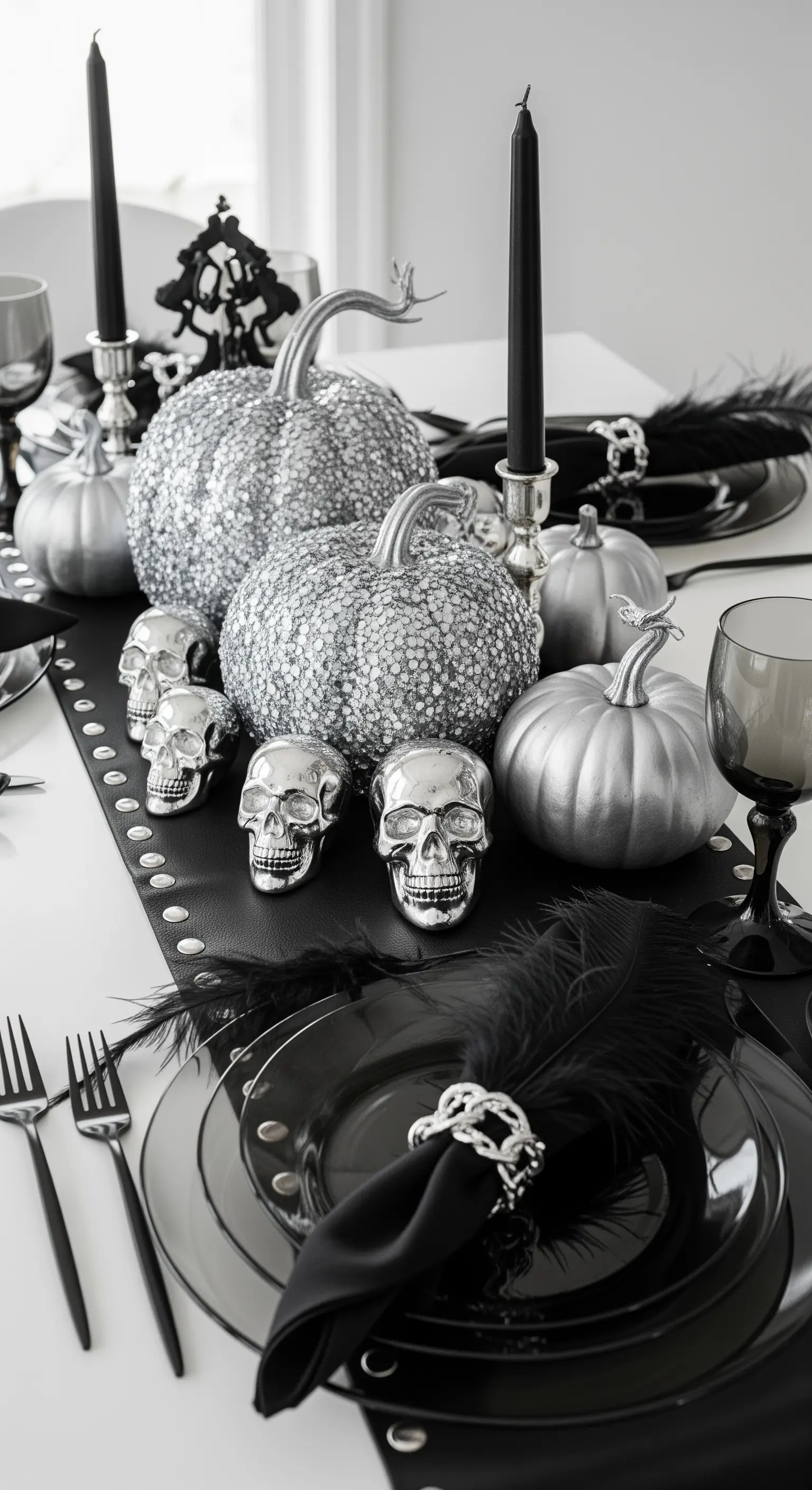 Runner in pelle nera con zucche argento e teschi cromati.