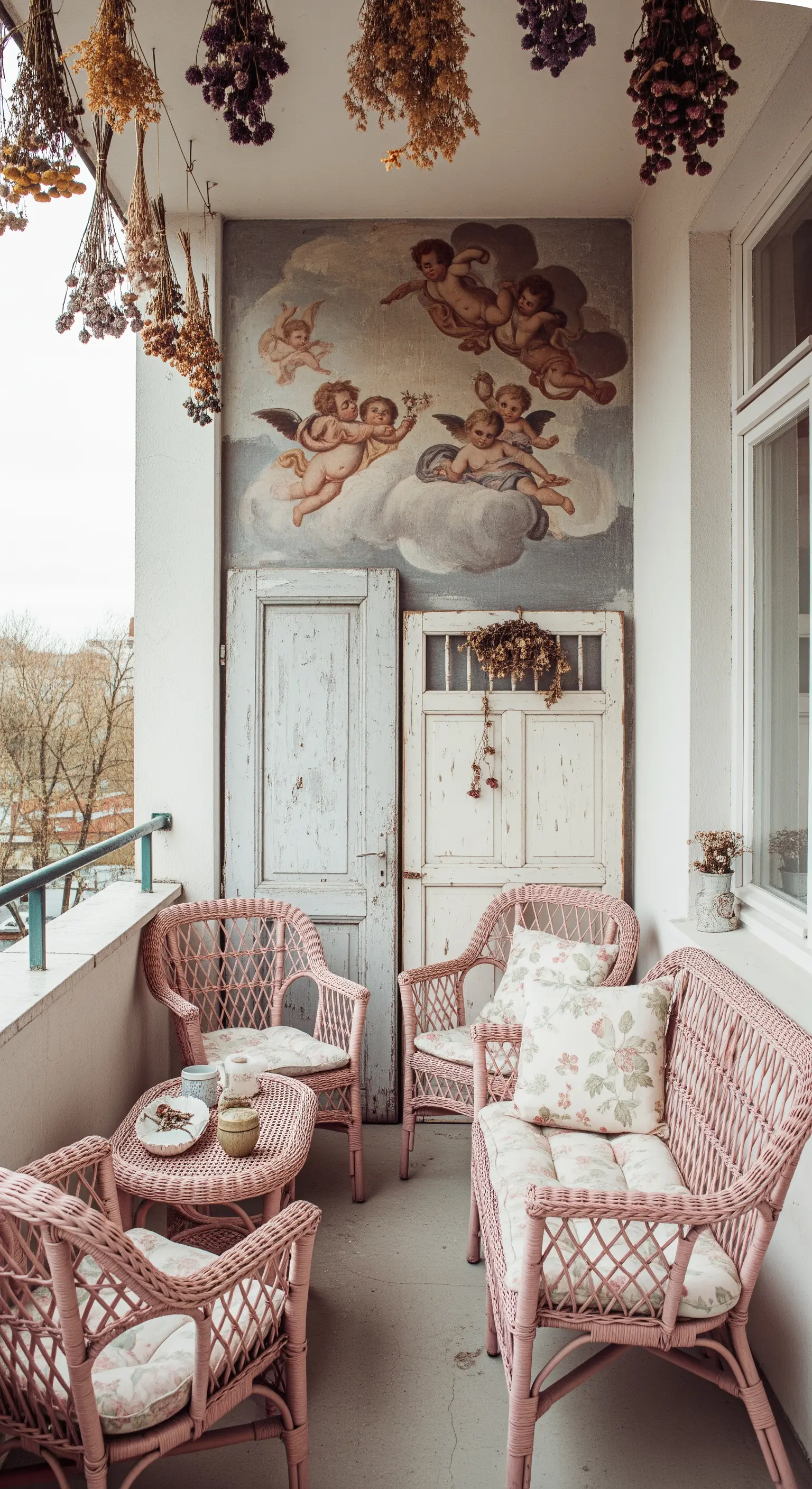 Balcone shabby chic con murale di cherubini, mobili in vimini rosa e porte di recupero.