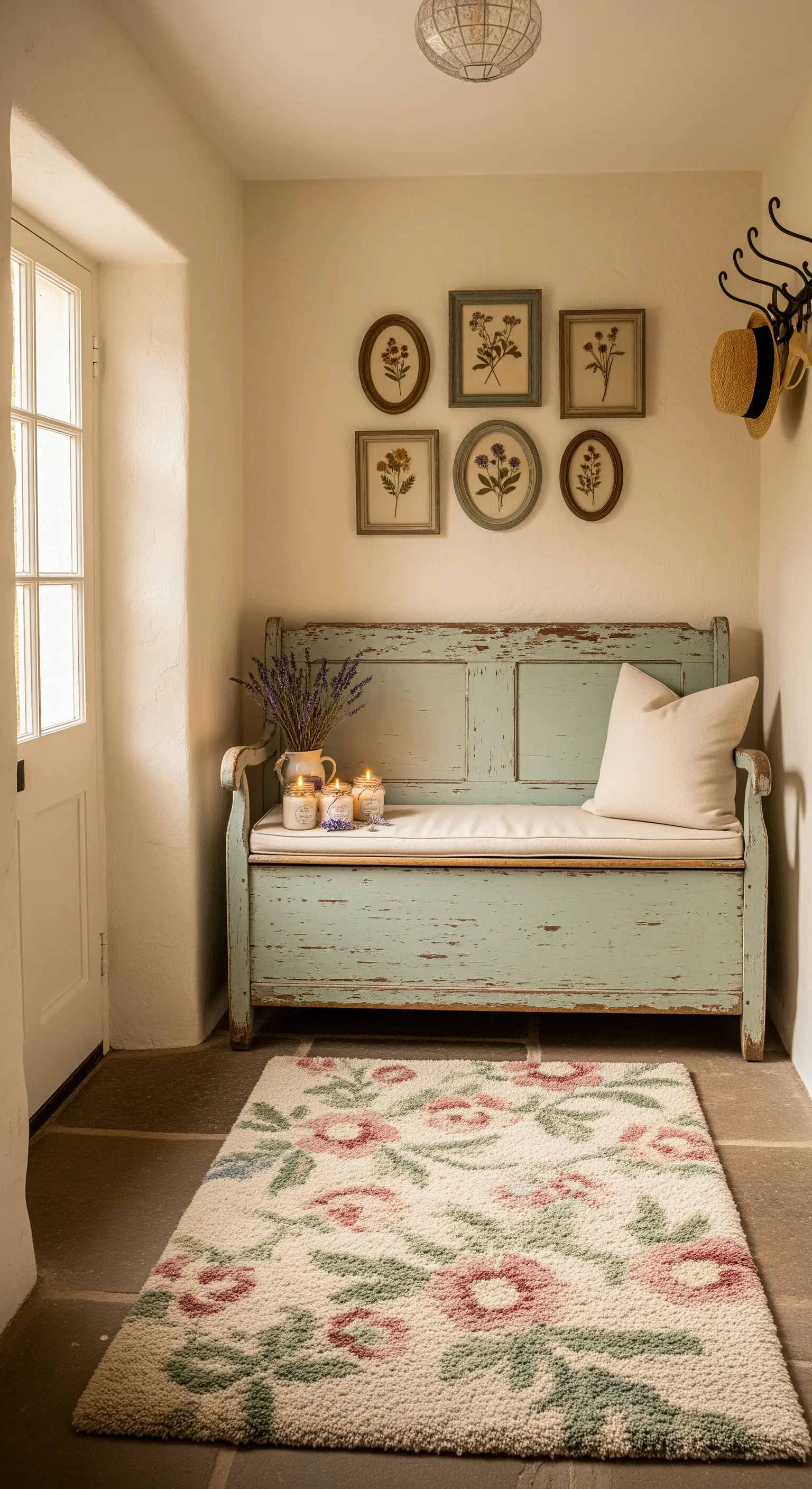 Ingresso in stile cottage con panca in legno decapato, tappeto floreale e stampe botaniche.
