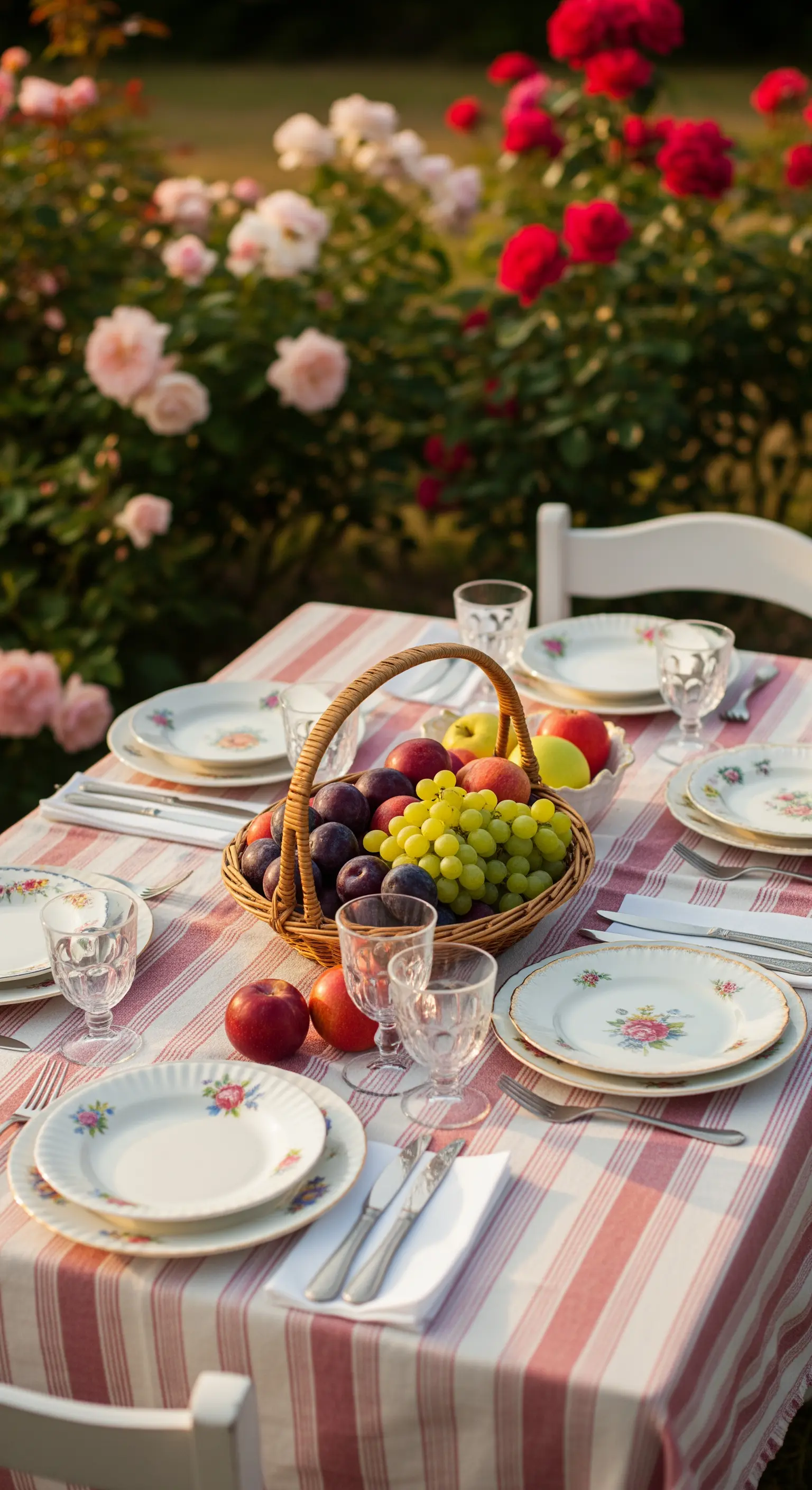 Tavola romantica in giardino con tovaglia a righe rosse, piatti floreali e cesto di frutta.