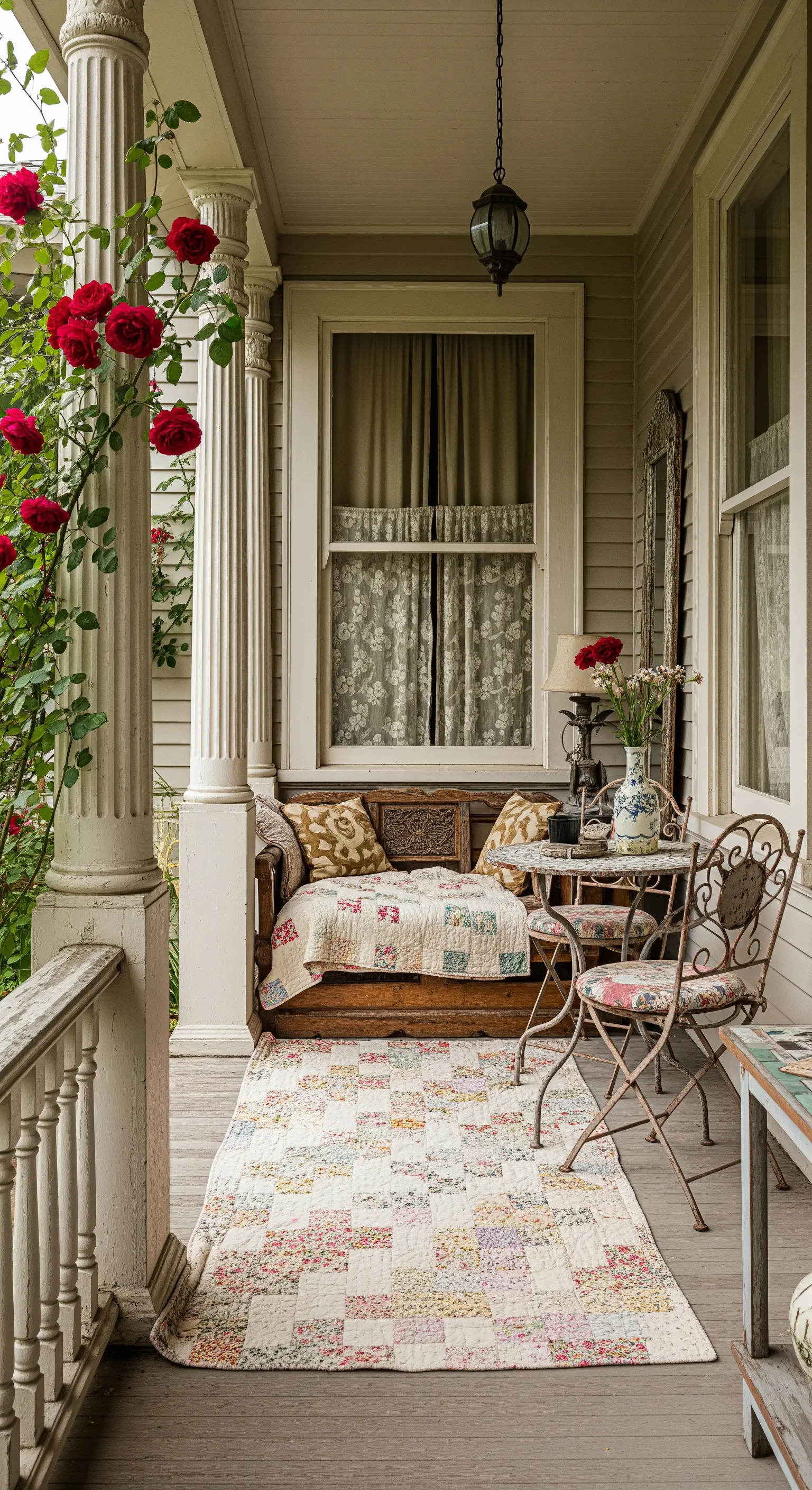 Portico romantico con divanetto in legno, quilt patchwork a terra e rose rosse rampicanti.