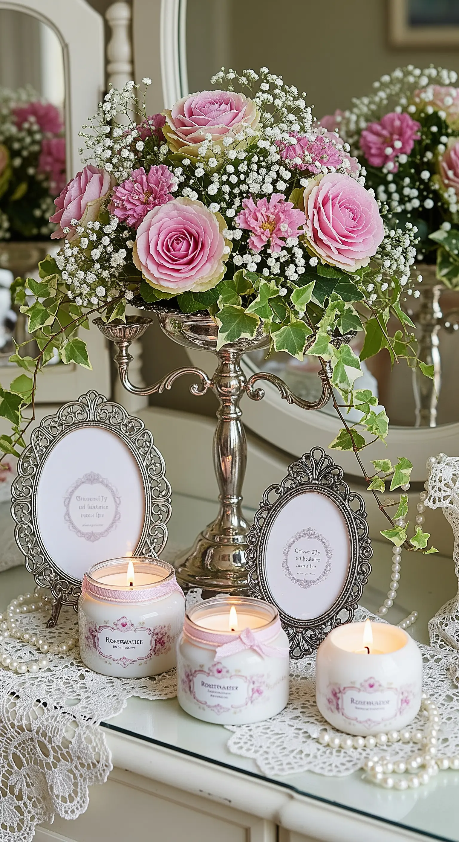 Angolo romantico con rose rosa, cornici d'argento ornate, pizzi, perle e candele profumate.