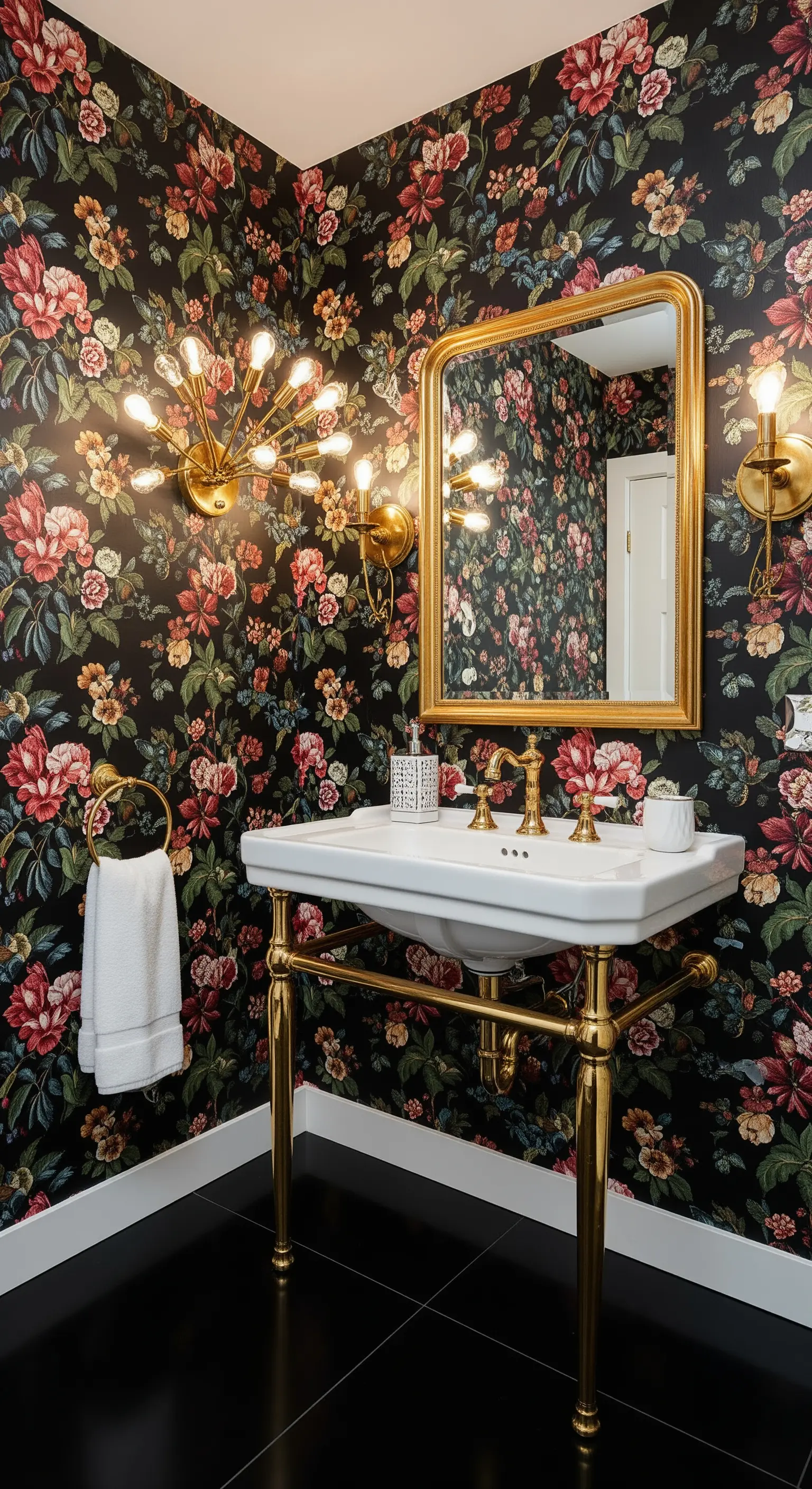 Bagno di servizio con carta da parati floreale scura e lavabo con gambe dorate.