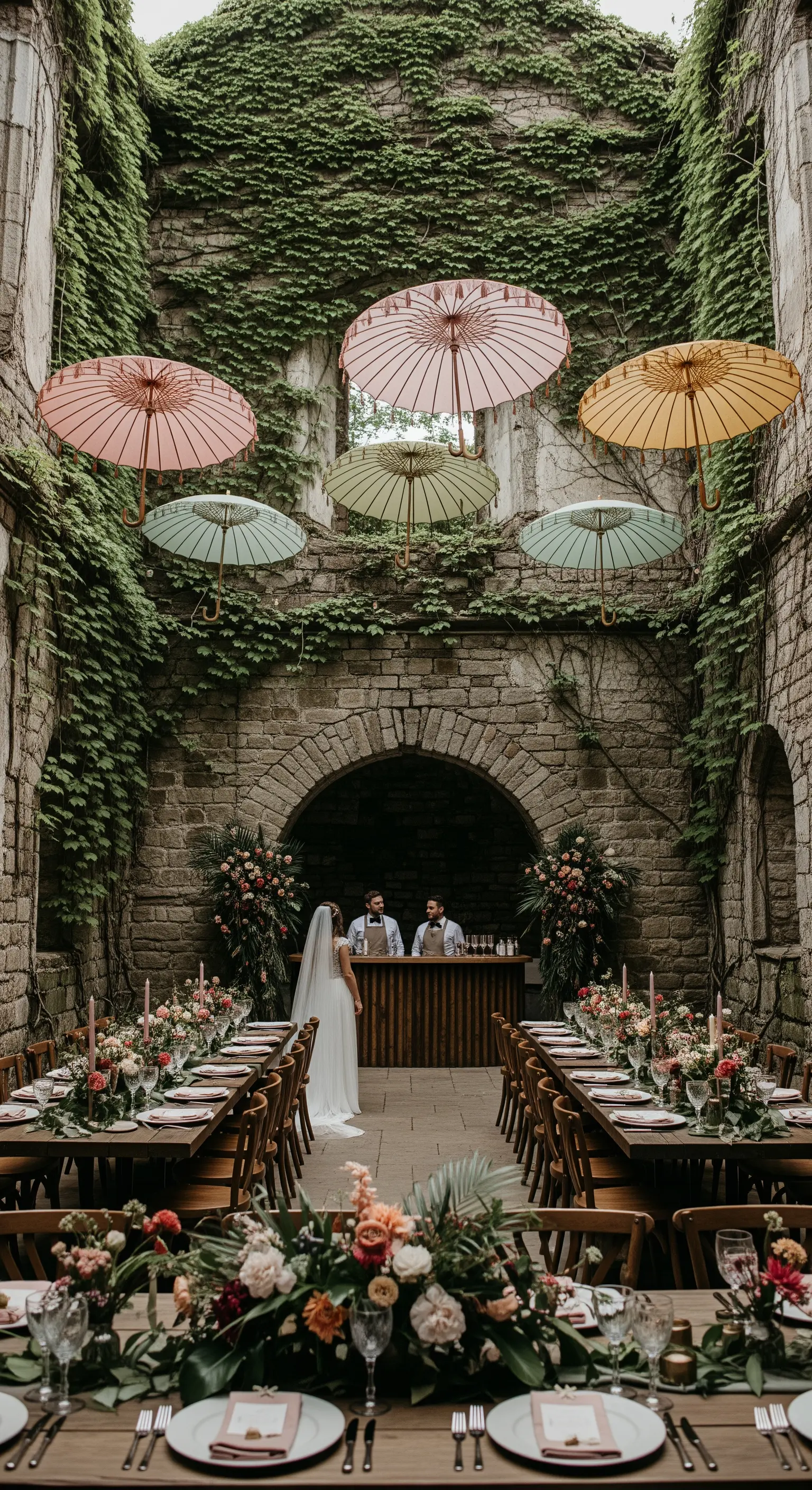 Matrimonio in un cortile diroccato con ombrelli di carta sospesi e tavolate in legno