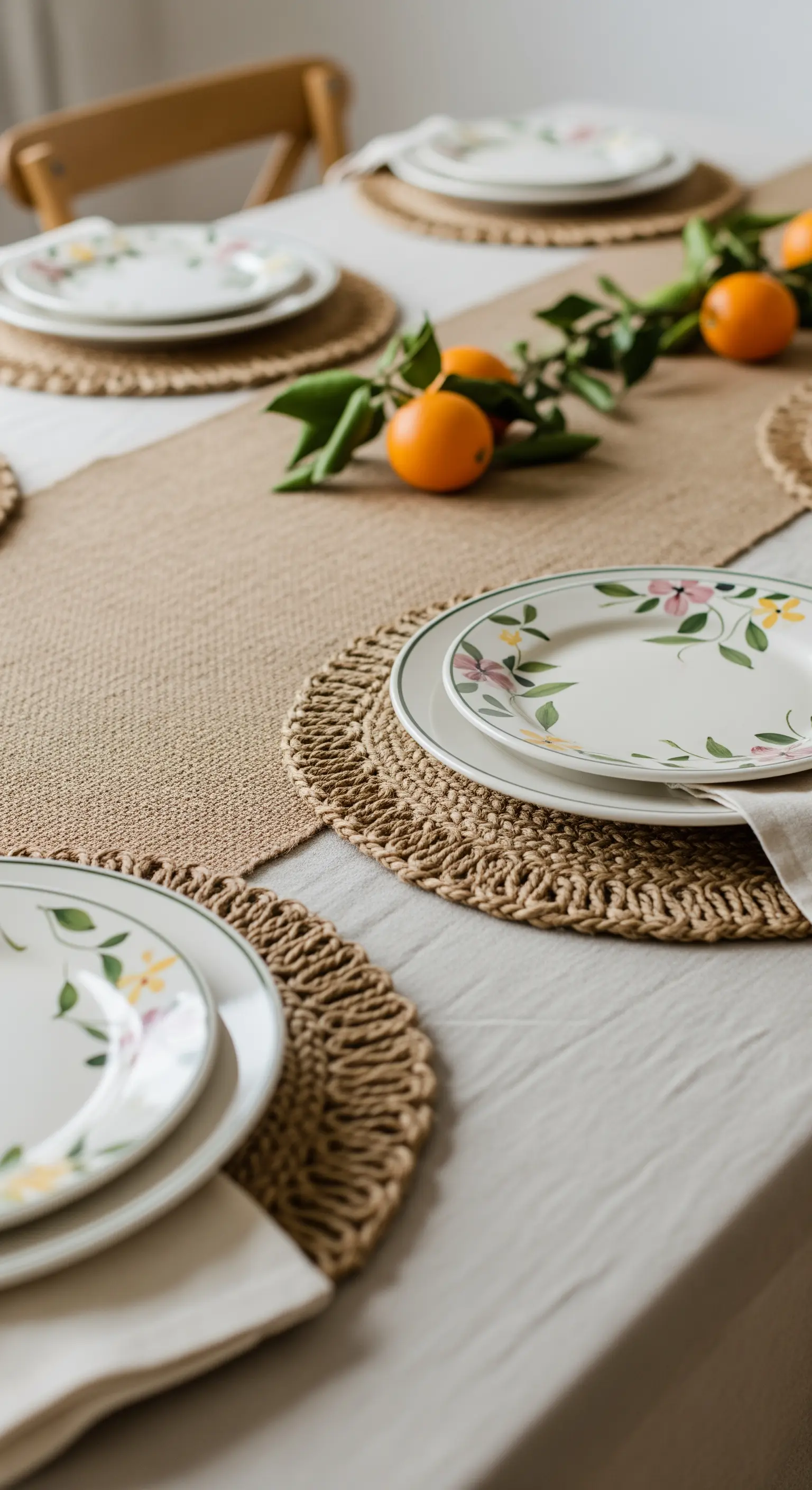 Posto tavola con piatto a motivi floreali, sottopiatto in juta e rametti di mandarino