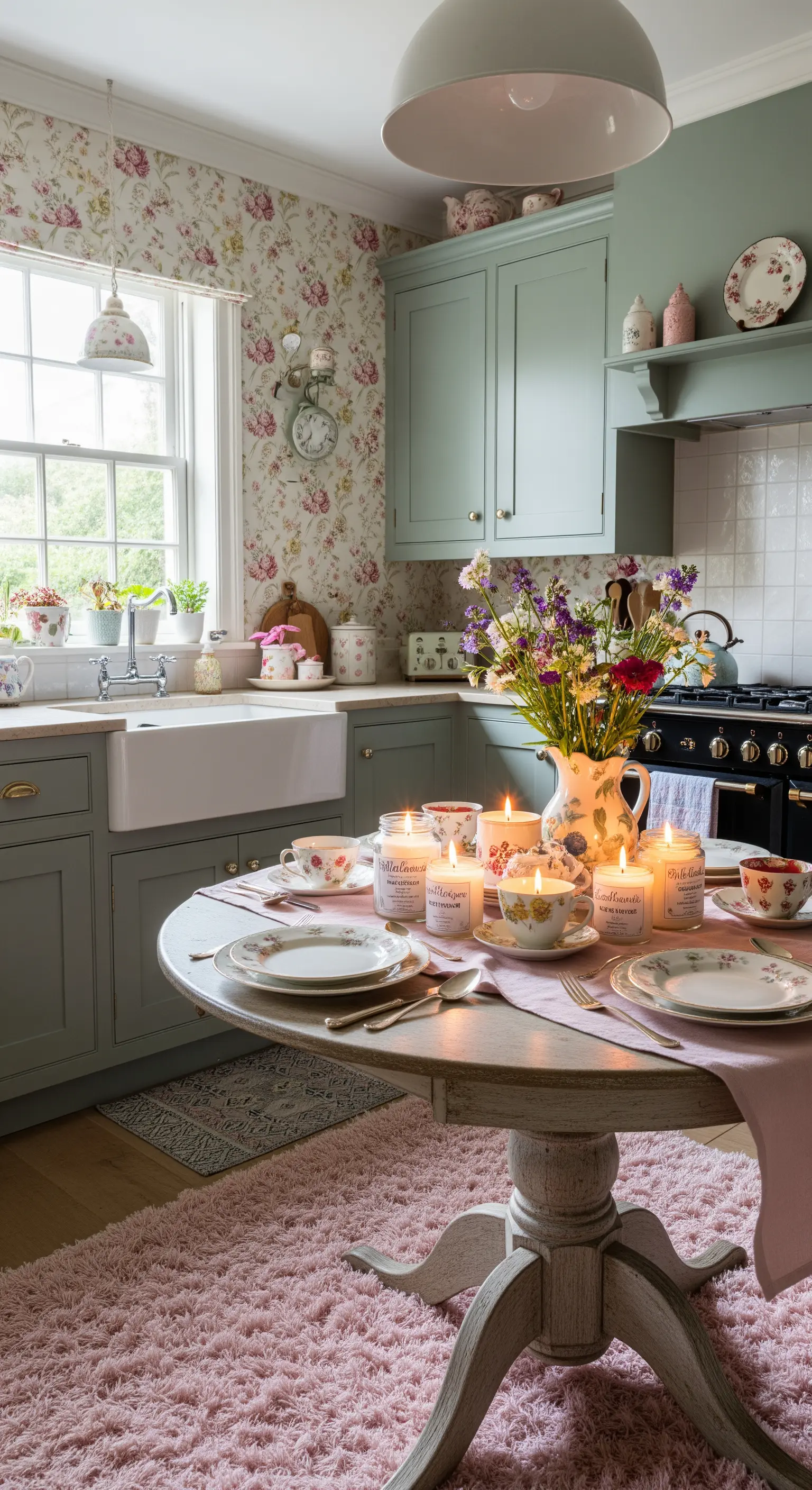 Tappeto rosa a pelo lungo in una cucina shabby chic con mobili verde salvia e carta da parati floreale.