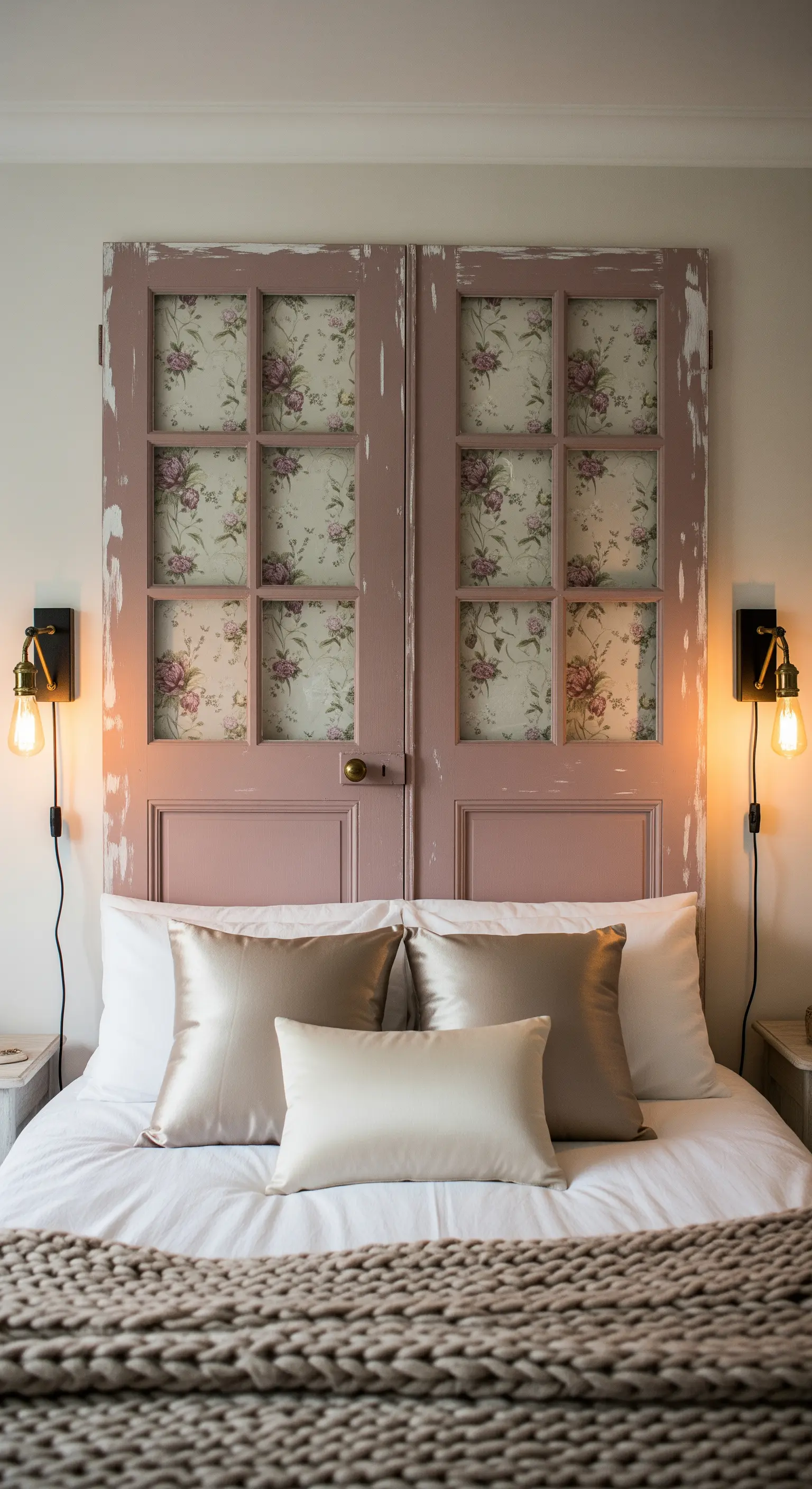 Porta rosa antico usata come testiera, con carta da parati floreale nei riquadri.