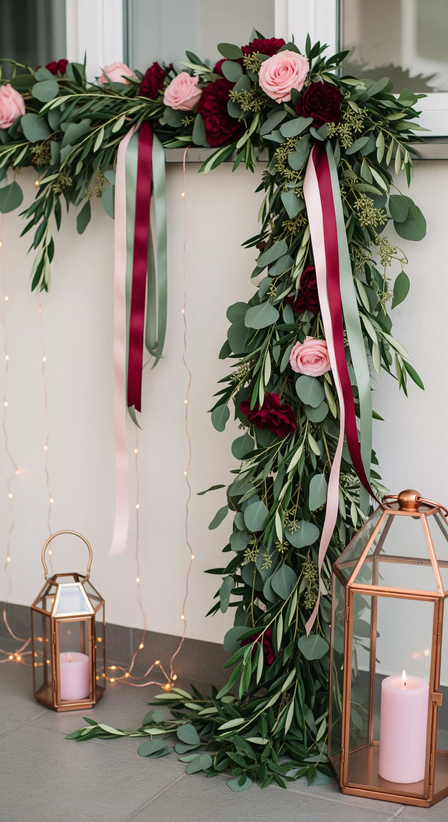 Ghirlanda di eucalipto e rose rosa e bordeaux, con lunghi nastri di raso e lanterne in rame