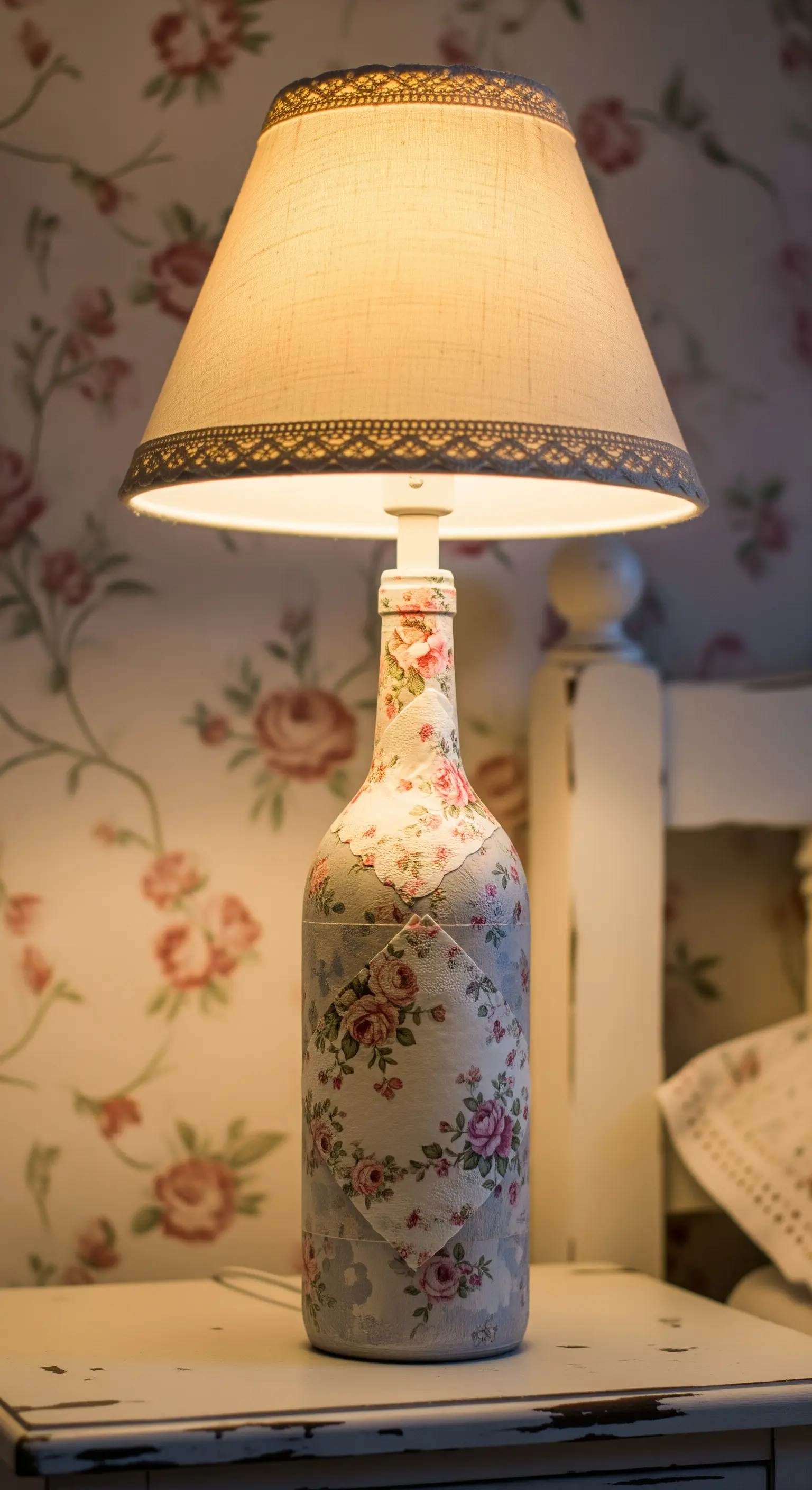 Lampada con base di bottiglia decorata con fiori rosa tramite la tecnica del découpage.