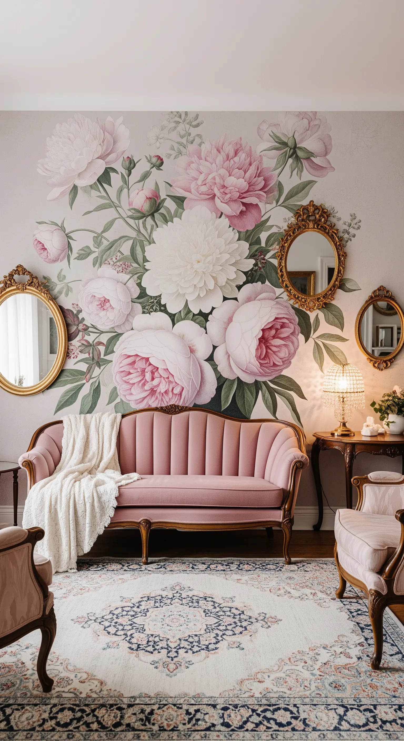 Salotto romantico con grande murale floreale e un divano vintage rosa con struttura in legno.