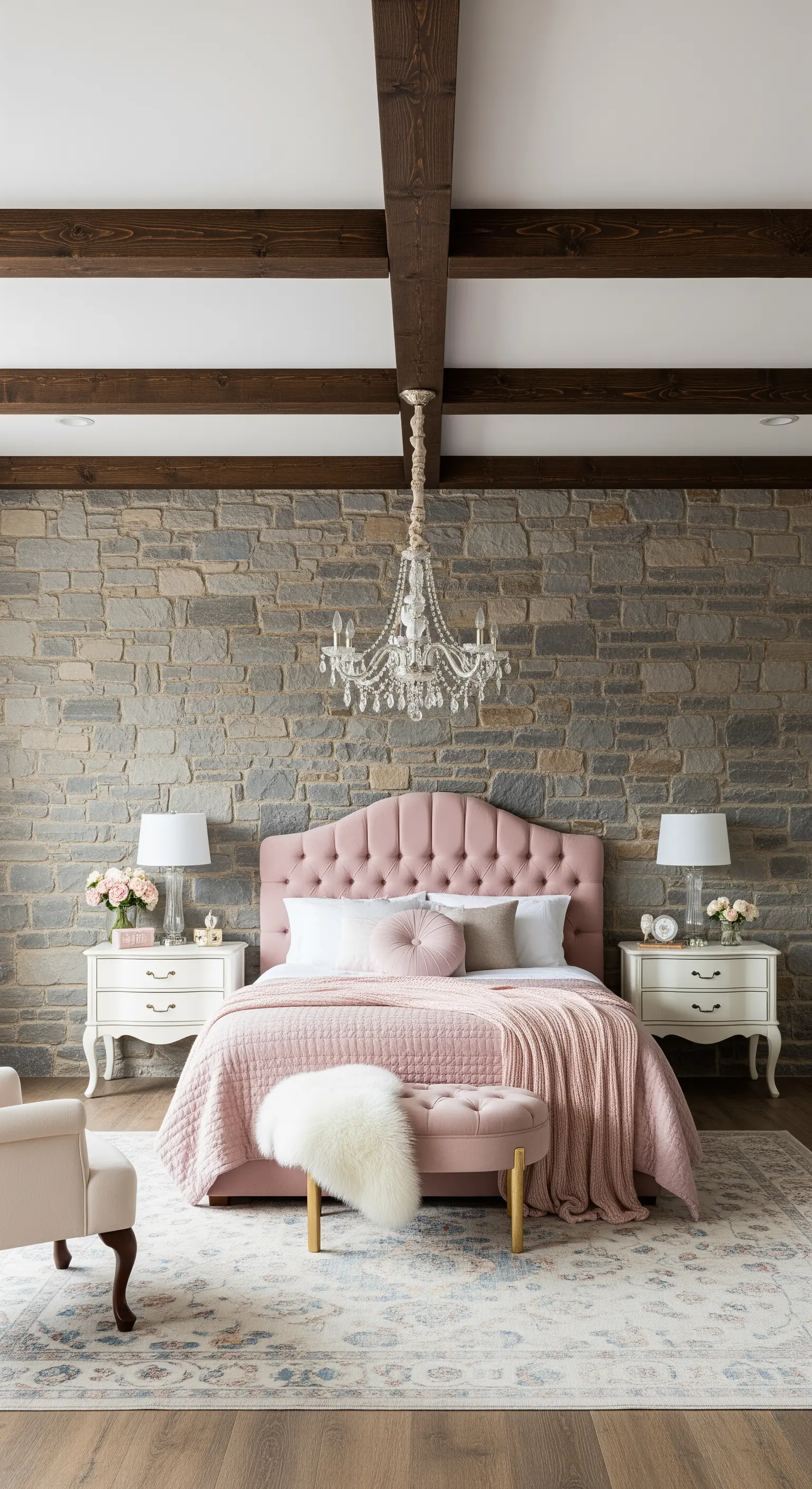 Camera da letto con parete in pietra, travi scure, letto in velluto rosa e lampadario di cristallo.