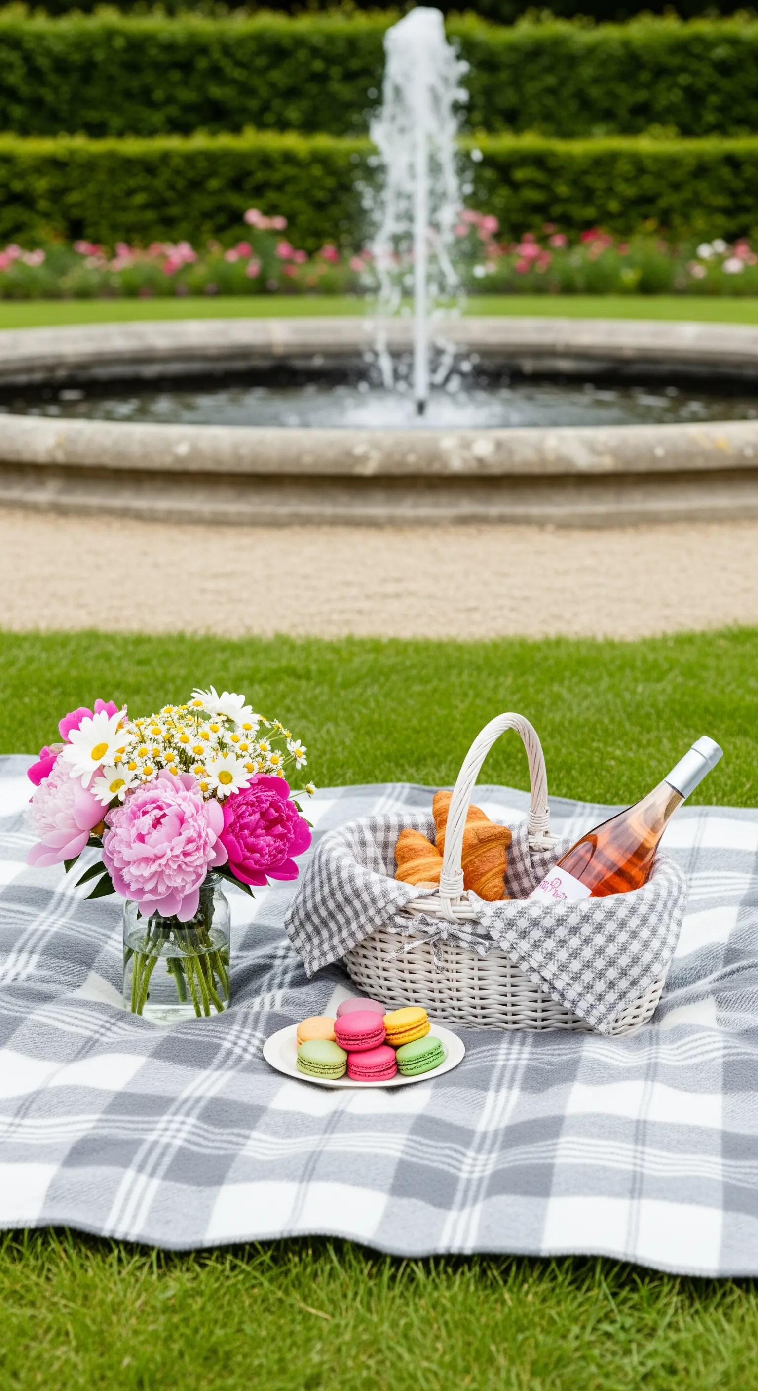 Picnic romantico con cesto bianco, peonie rosa, macarons e una bottiglia di rosé