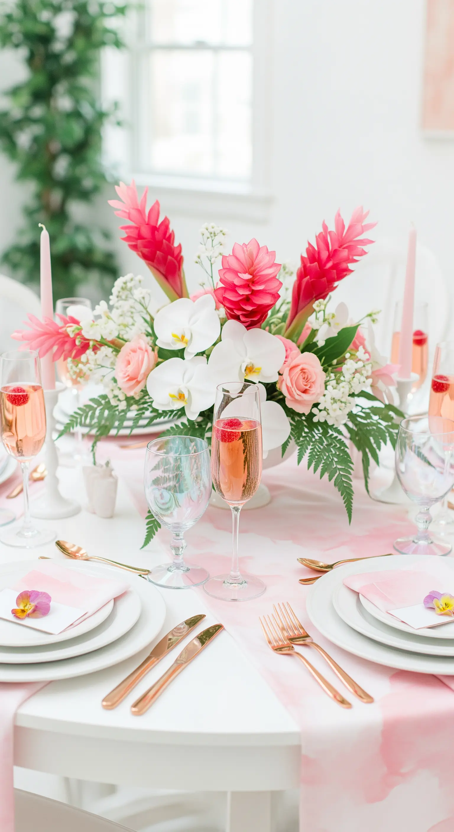 Tavola romantica con tovaglia rosa, posate oro rosa, champagne e fiori bianchi e rosa.