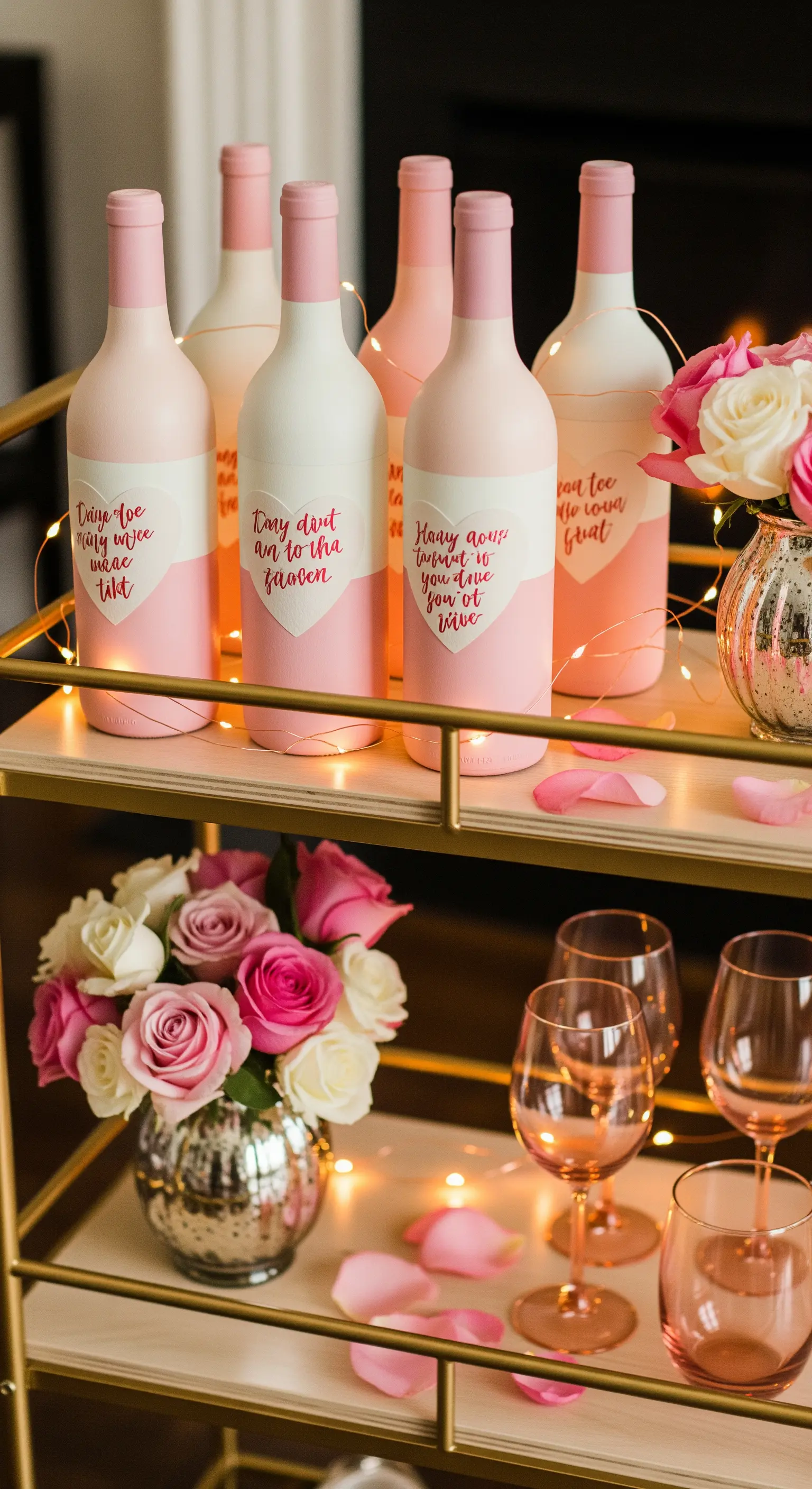 Bottiglie di vino dipinte con effetto ombré rosa e bianco, con scritte romantiche all'interno di un cuore.
