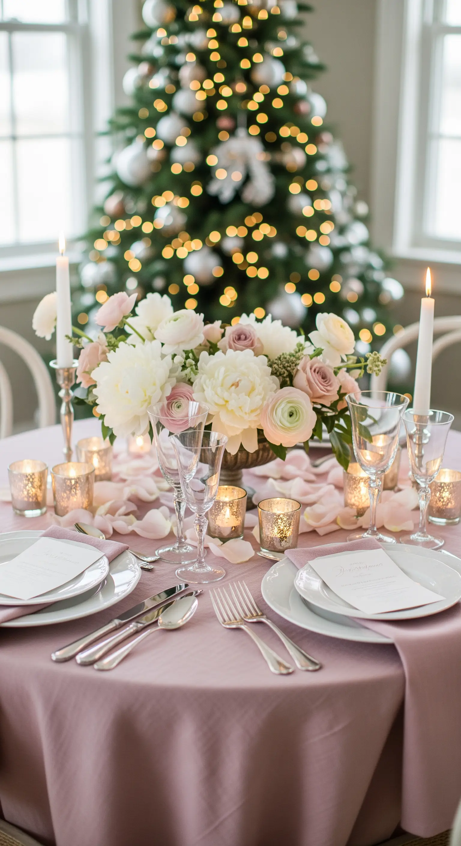 Tavola di Natale romantica con tovaglia rosa antico, peonie e portacandele in oro rosa.
