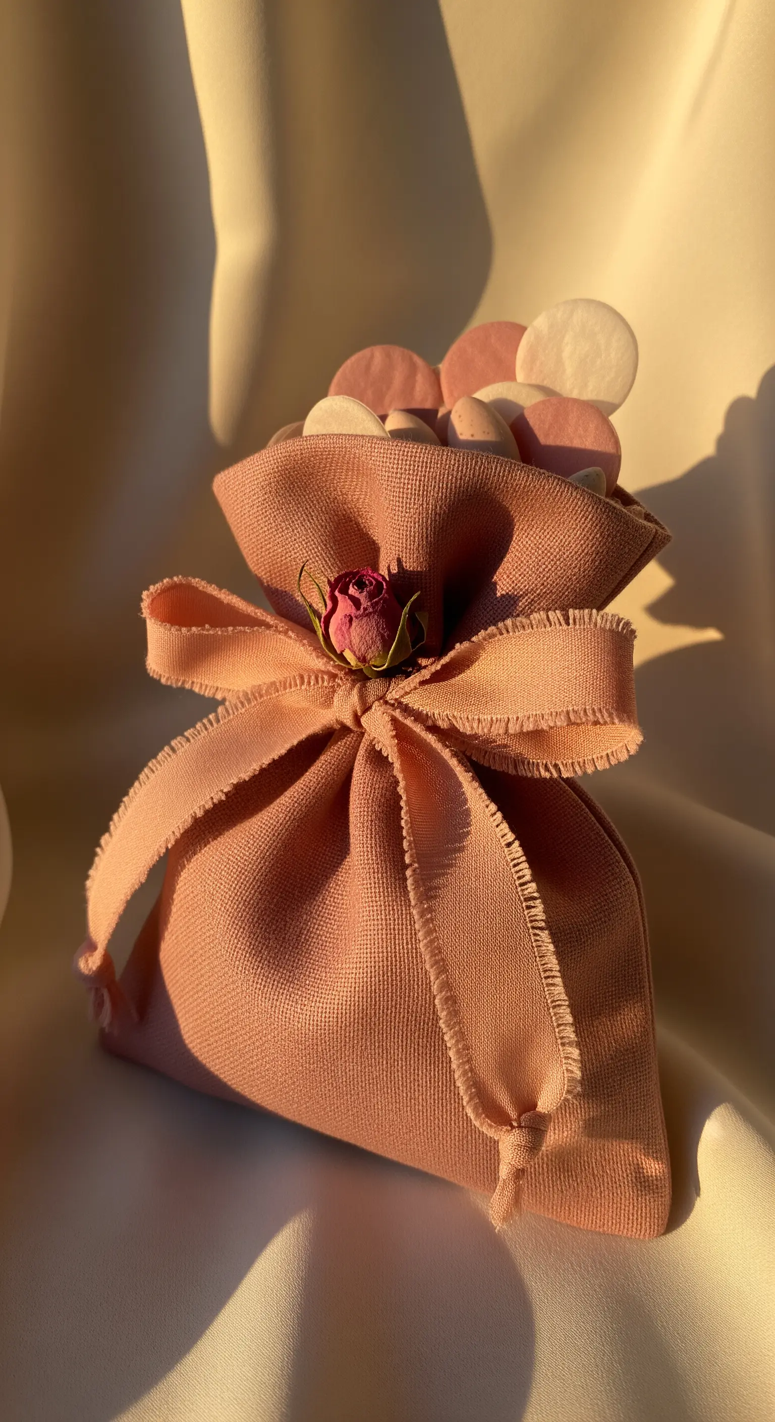Sacchetto bomboniera in lino rosa antico con un nastro sfrangiato e un bocciolo di rosa essiccato.
